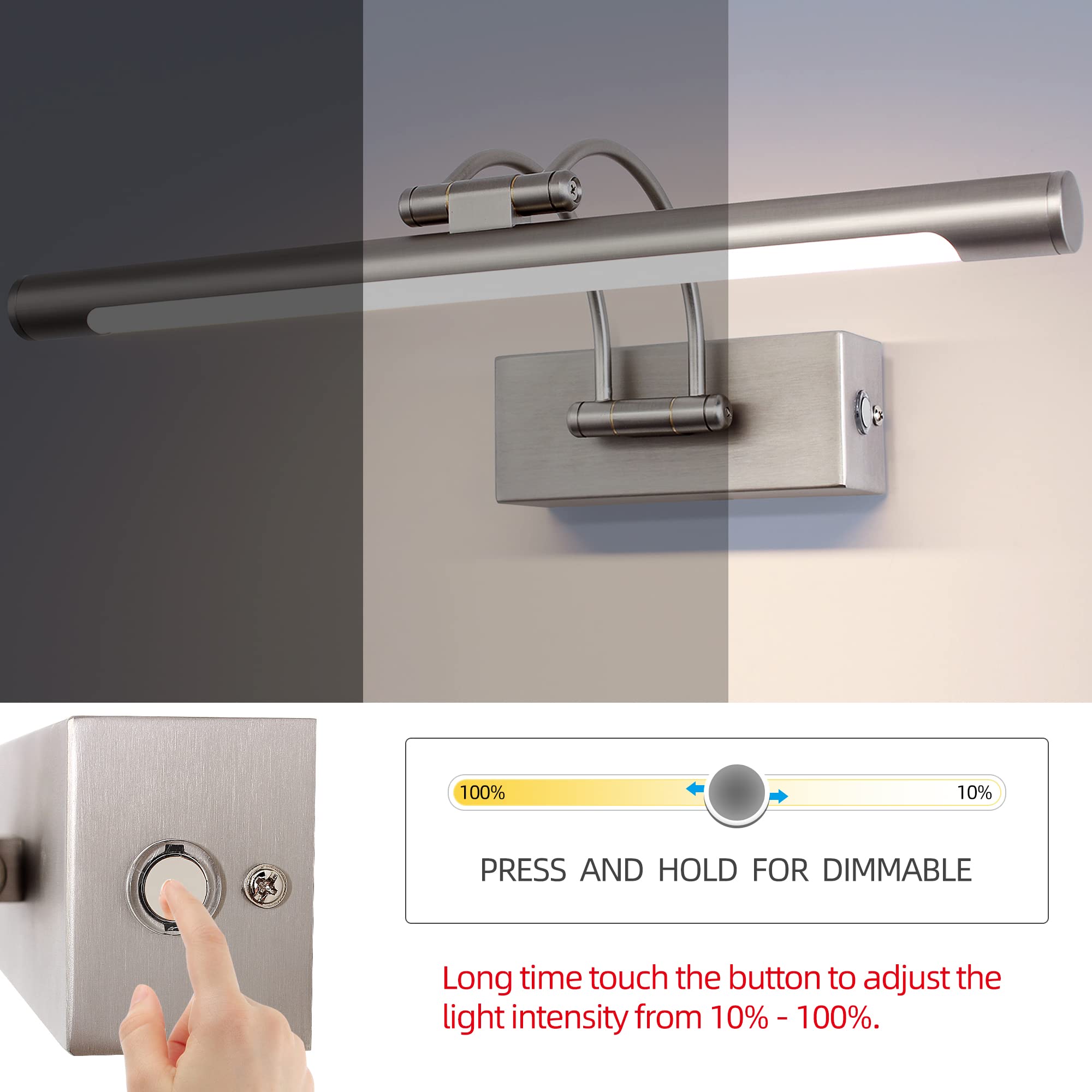 MantoLite Dimmbar Bild Wandleuchte 8w Nickel 40cm LED Badspiegel mit Drehbarem Lampenkopf 3000K/4500K/6000K
