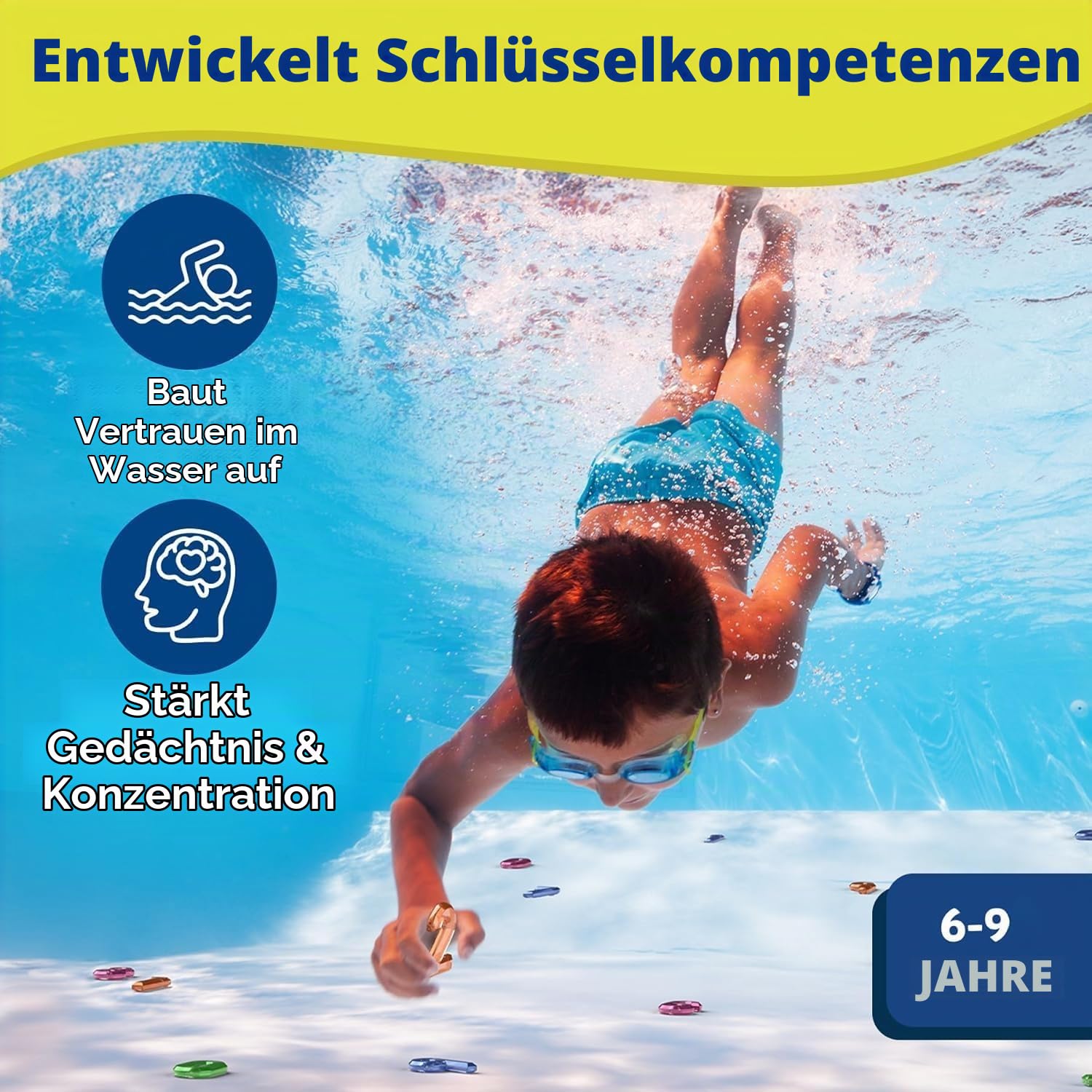 Pool‑Spielzeug für Kinder, Unterwasser‑Suchspiel‑Set mit 64 Edelsteinen & 35 wasserdichten Karten, Tauchringe, praktisches Tauchspielzeug mit Netzbeutel, spannende Sommer‑Wasserspiele für den Pool