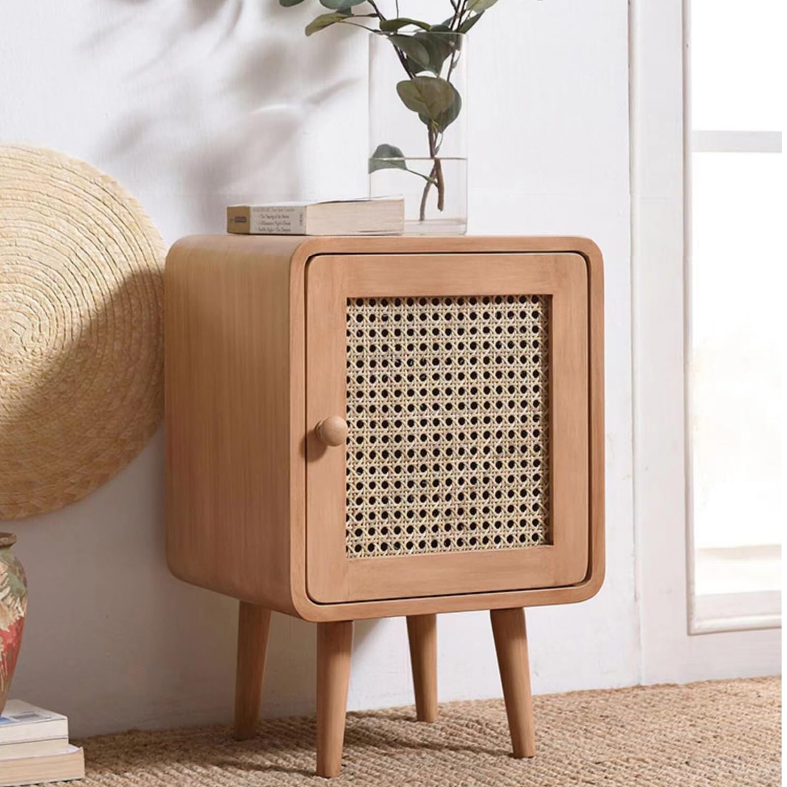 Comodino In Stile Rustico, Tavolino con Dettagli In Rattan per Camera da Letto Dormitorio e Piccoli Spazi(Natural)
