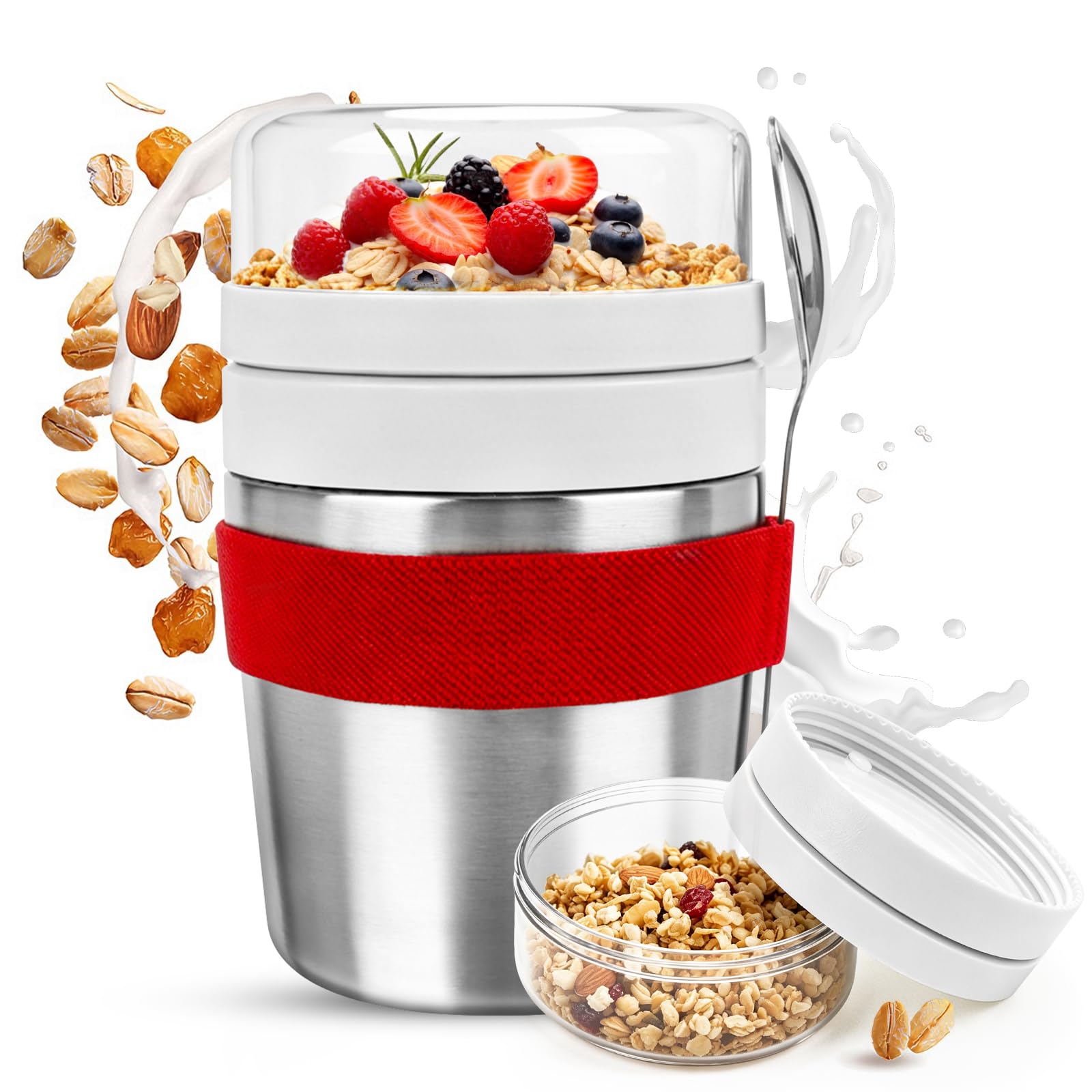 MplehDa Edelstahl Müslibecher to go 500 ml + 220 ml Joghurt und Müsli to go Becher Jogurtbecher für Unterwegs mit Löffel Auslaufsicher Isoliert