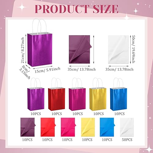 Miniatura 2 de Colarr 50 bolsas de papel kraft con purpurina de 8.2 x 5.9 pulgadas, bolsas de regalo de Navidad con 100 papel de envoltura de pañuelos a granel,