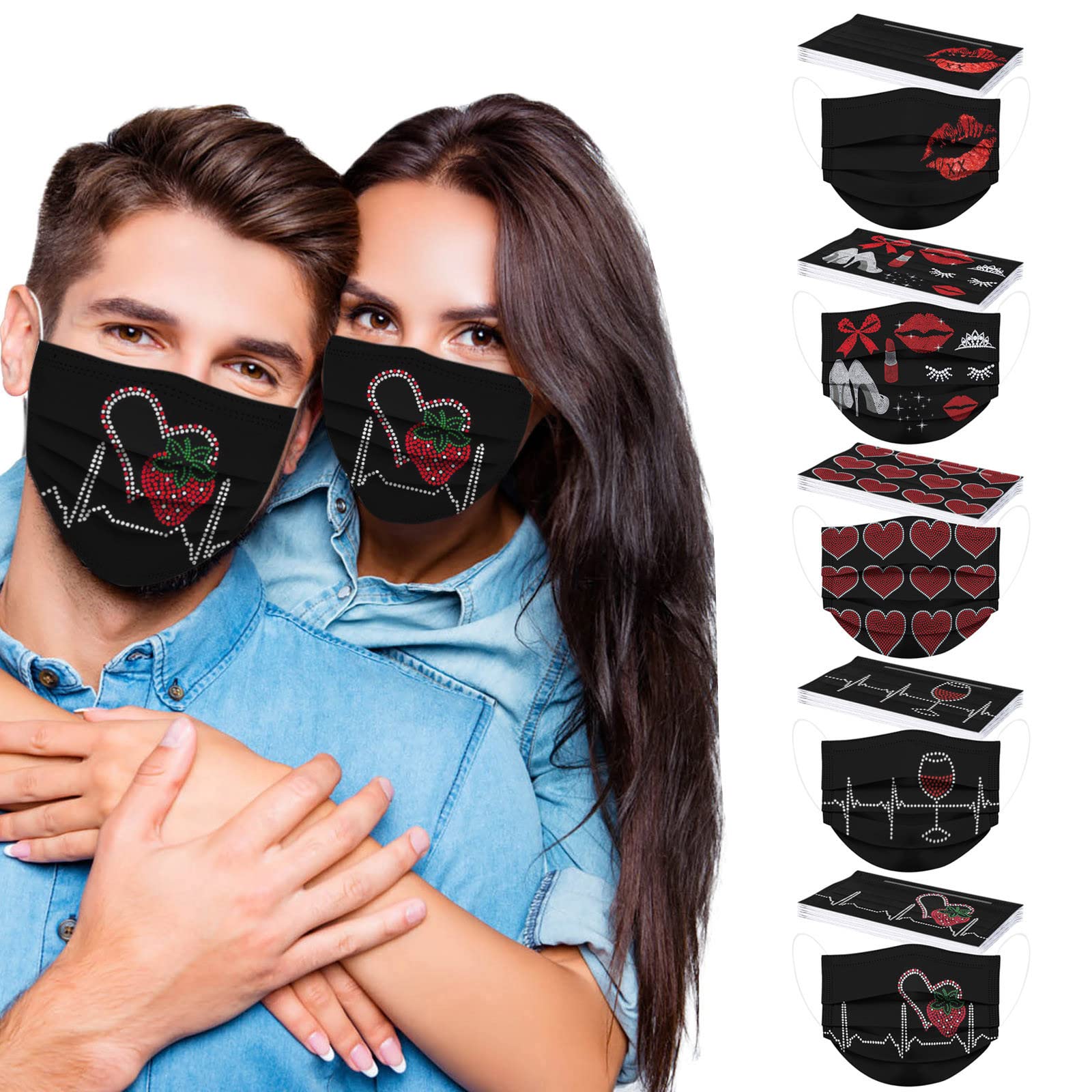 50Pack Women's Valentines Face Mask Graphic Mouth Dustproof Holiday Disposable Queen of Hearts Adult Thick 3-Layers