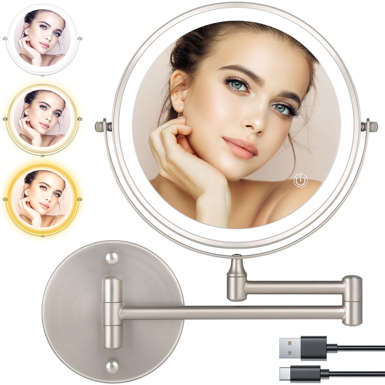 ZLOKLA 8" Wall Mounted Makeup Mirror, 1X/10X Magnification Double-Sided 360° Swivel Vanity Mirror with 3 Color Lights, Touch Screen Dimming Extendable Shaving Bathroom Mirror for Men and Women-image-17