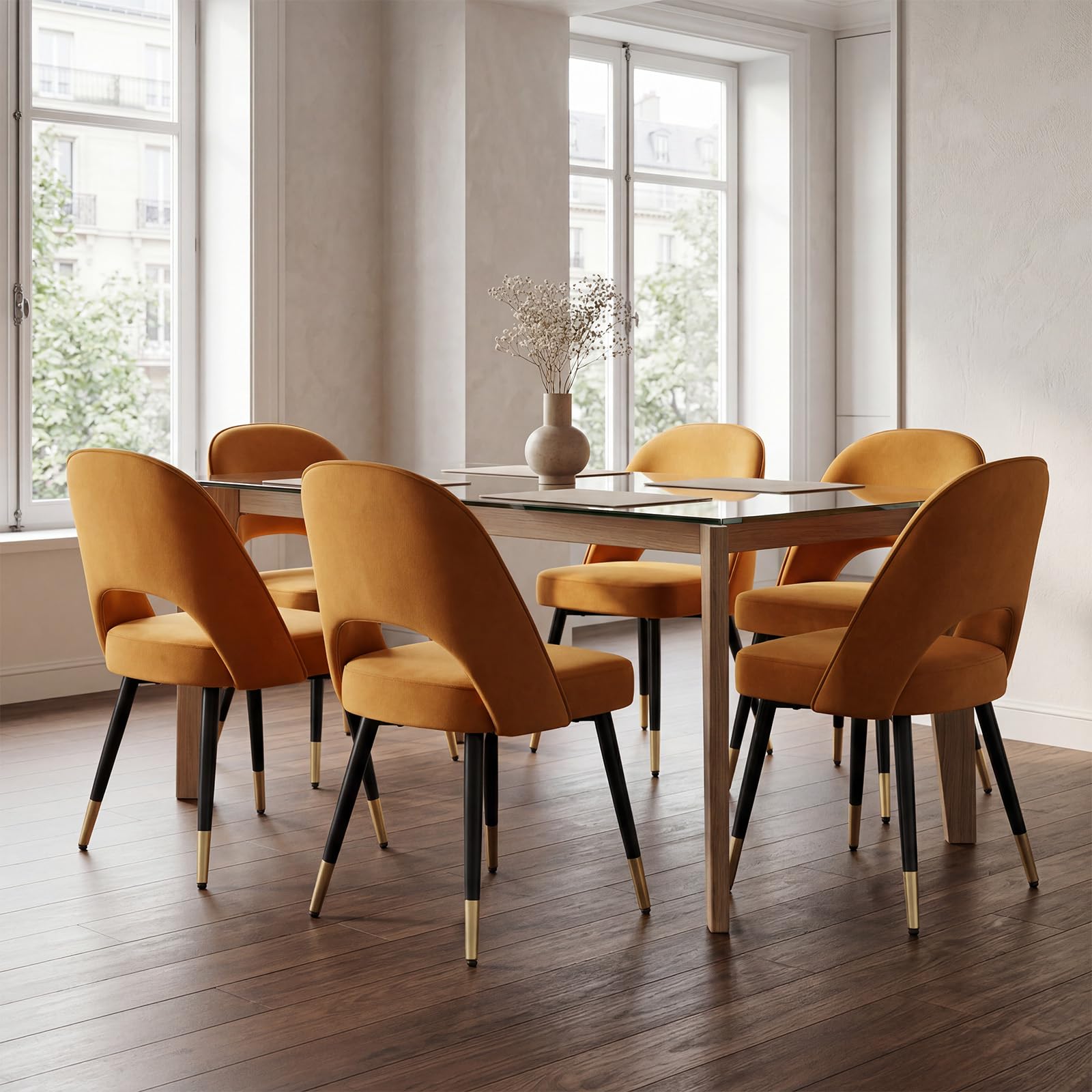 chairus 2PCS Sillas de Comedor Elegante de Terciopelo, Amarillo | Elegante, Respaldo Hueco, Patas Metálicas, Estilo Moderno