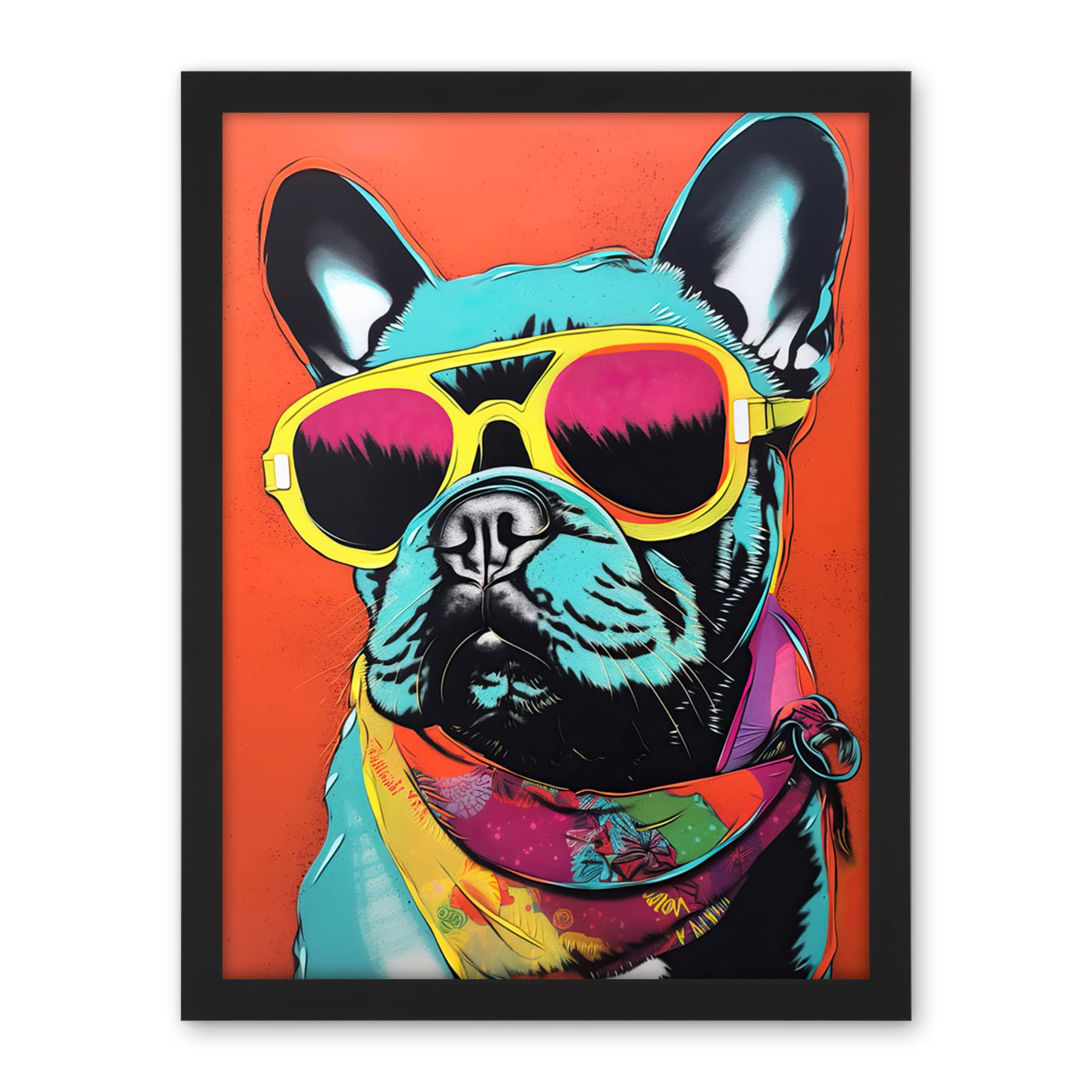 Artery8 French Bulldog Wearing Sunglasses and Bandana Artwork Framed Wall Art Print 18X24 Inch