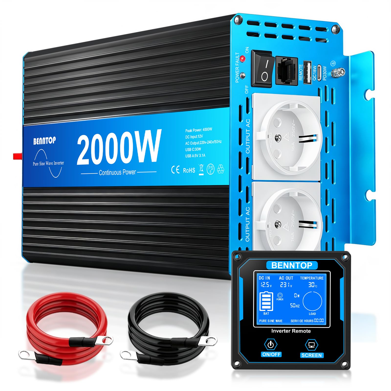 Inversor 12V a 230V Onda Pura 2000W Transformador de Voltaje