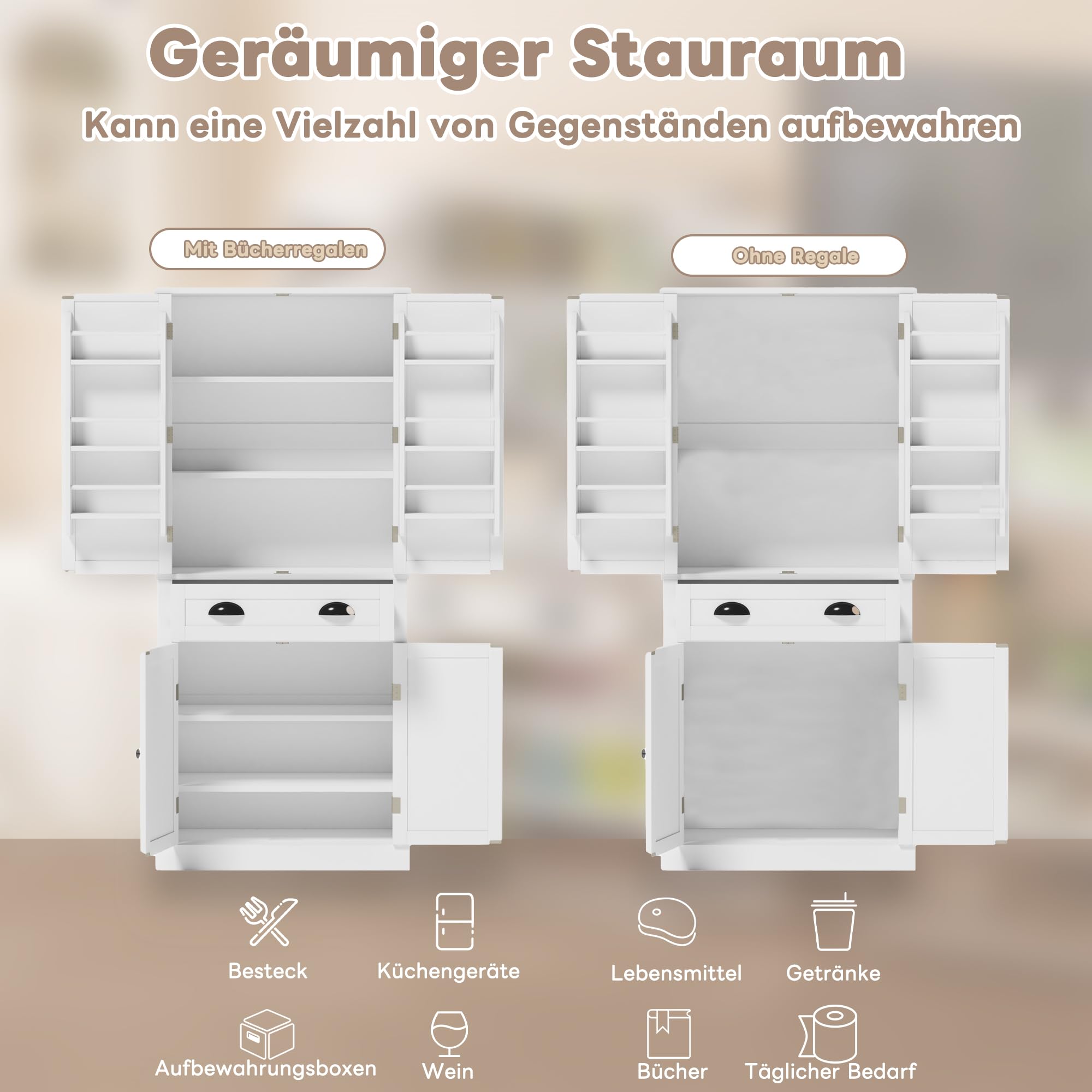 Küchenschrank mit 4 Türen und 1 Schublade, Mehrzweckschrank Hochschrank mit 6 Staufächer und 4 Verstellbare Ablageflächen, Buffetschrank Vorratsschrank, Küchenmöbel, Weiß, 80x40x182 cm