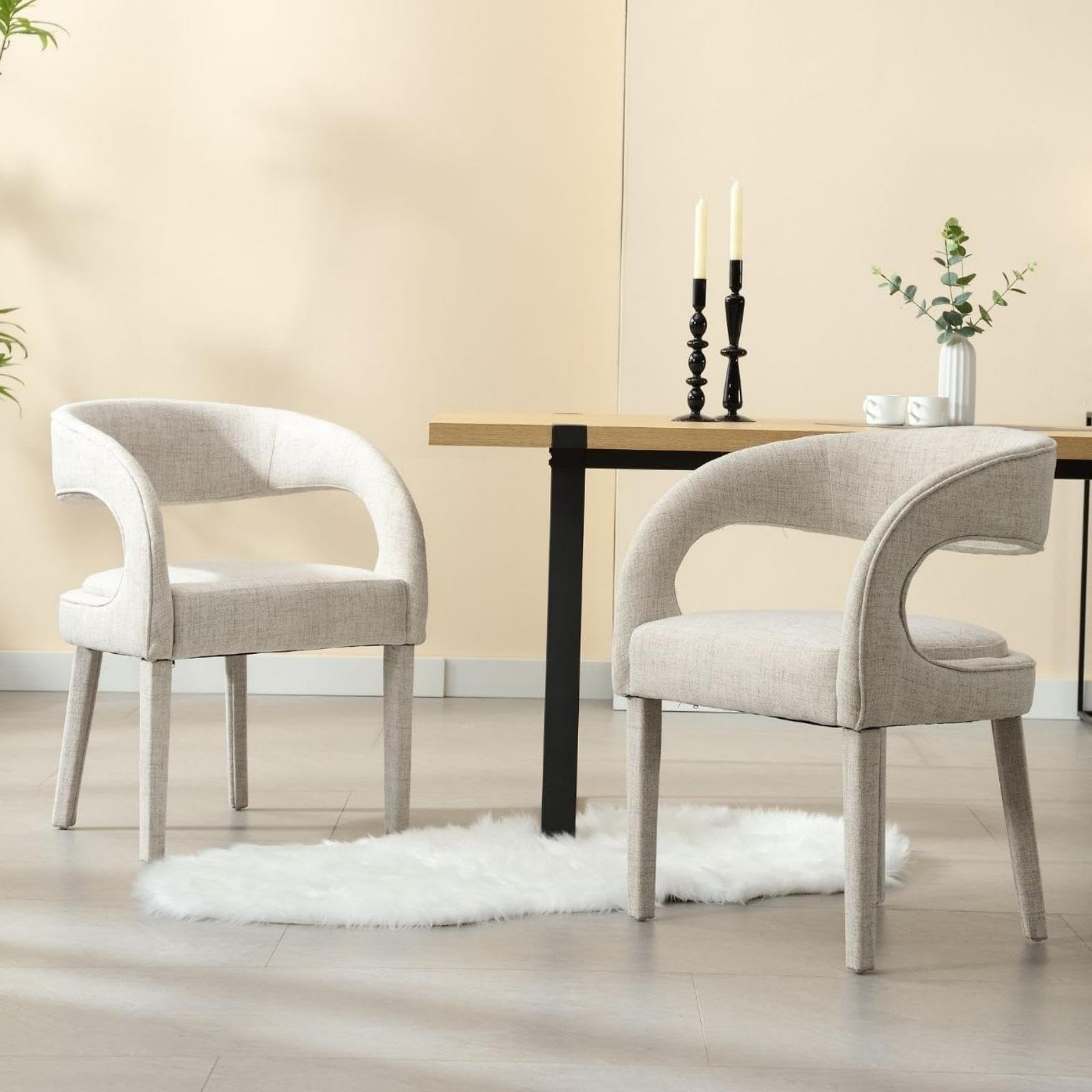 Beige Fabric Dining Chairs Set of 2 Modern Barrel Dining Room Chairs Linen Upholstered Side Chairs for Kitchen/Dining Room/Living Room
