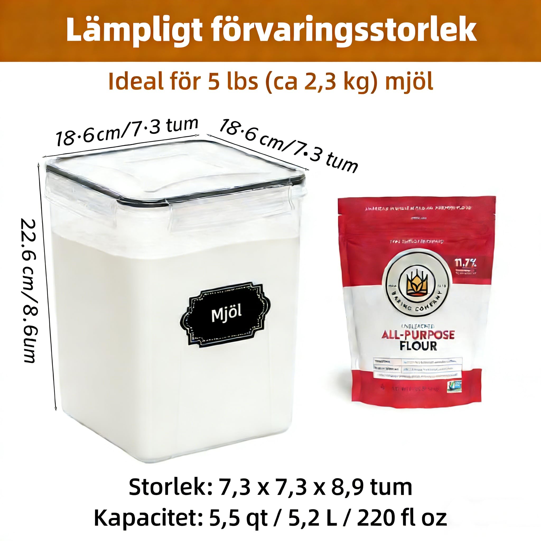 4 pezzi 5,2L / 175 oz Grande contenitore per alimenti, barattoli sigillati in plastica senza BPA per farina, zucchero, prodotti da forno, riso con coperchi, misurini ed etichette