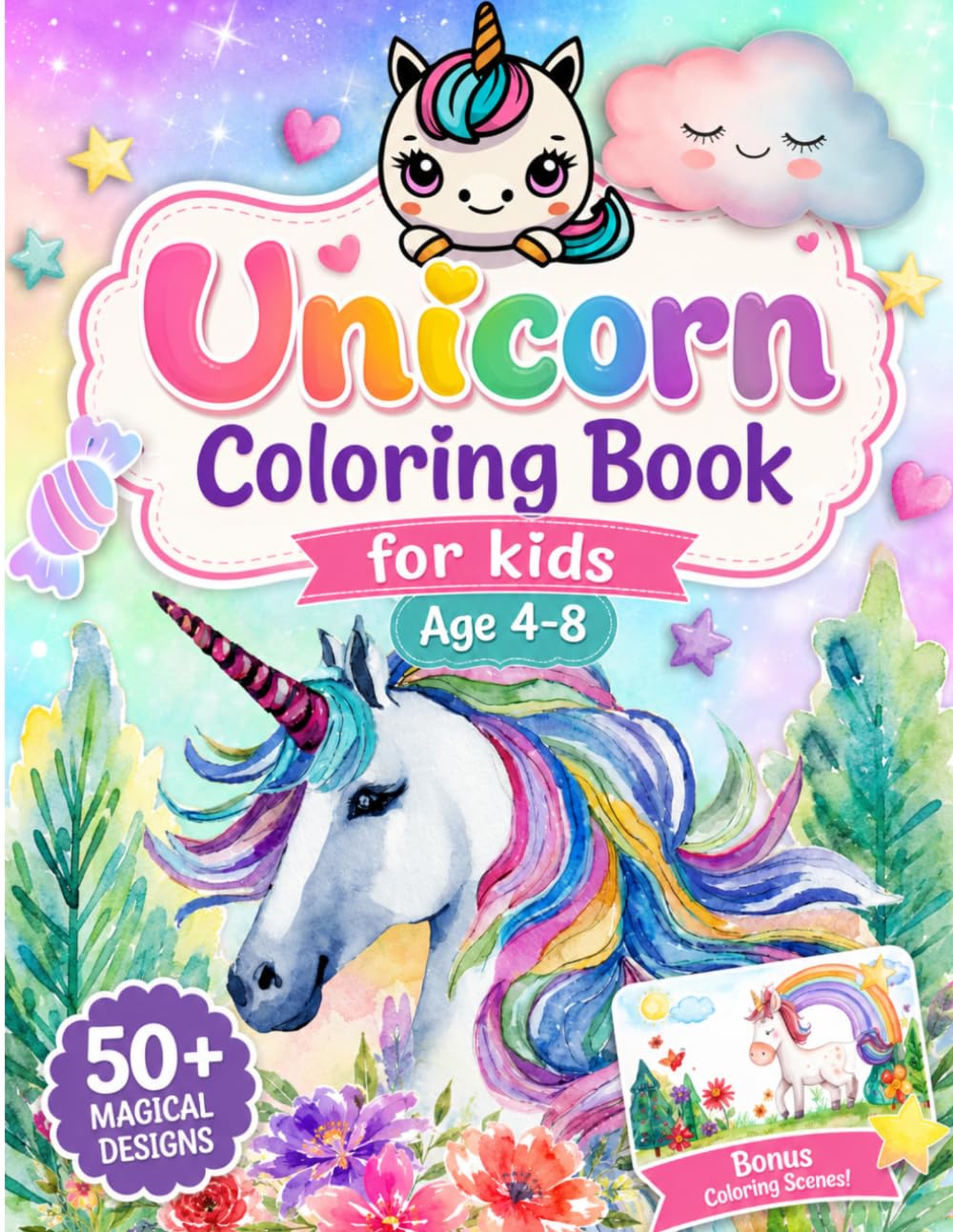 Unicorn Coloring Book for Kids Ages 4–8: 50+ Magical Designs of Cute Unicorns, Rainbows & Fantasy Adventures