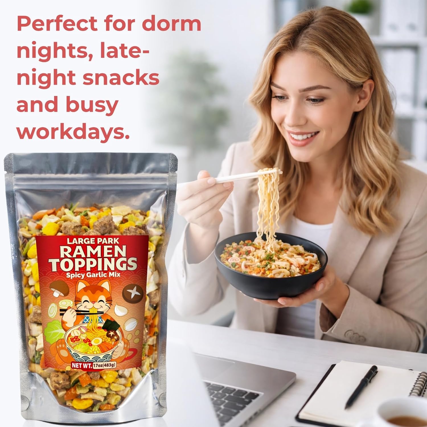 17oz Dried Ramen Toppings Bulk Pack - 11 Ingredients Dehydrated Vegetable Mix for Ramen, Soup & Fried Rice, Ready in 3–5 Minutes (Spicy Garlic Flavor)