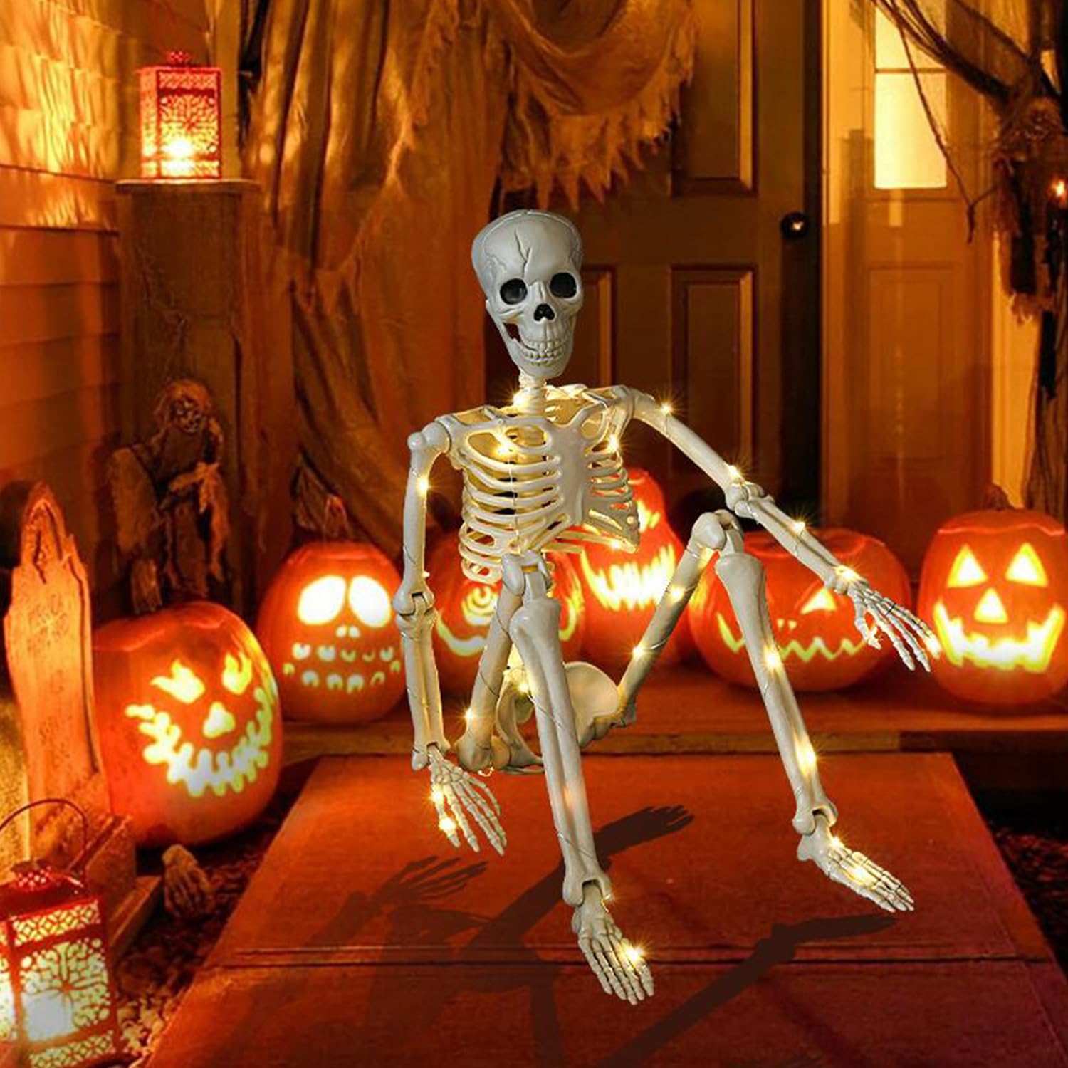 Esqueleto De 90cm con Luz Led Decoración De Halloween, Puede Estar De Pie O Sentarse Estatua De Esqueleto Al Aire Libre Patio Fantasma Casa Decoración De Terror