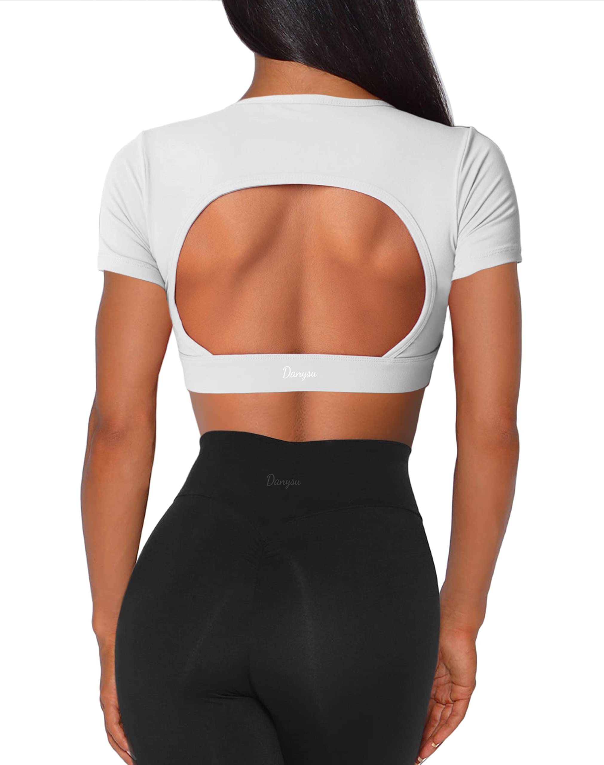Danysu Open Back Crop Tops with Removable Pad Backless Workout Gym Shirt Bra Going Out Top, #2.short Princess White, M