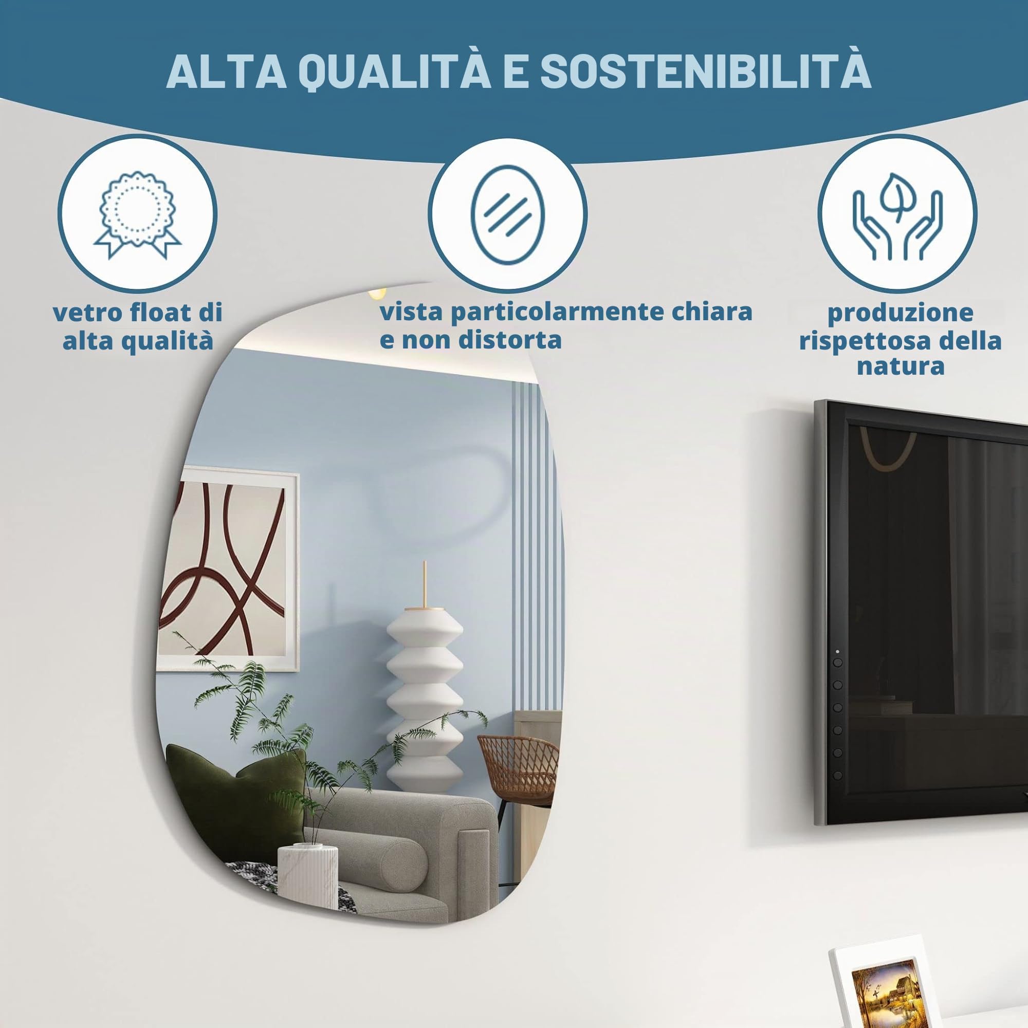 Albatros - Specchio di design asimmetrico, 90 x 70 cm, specchio da parete o da porta, forma organica moderna, specchio ovale e grande, asimmetrico sformato e senza cornice, Mirror Wall