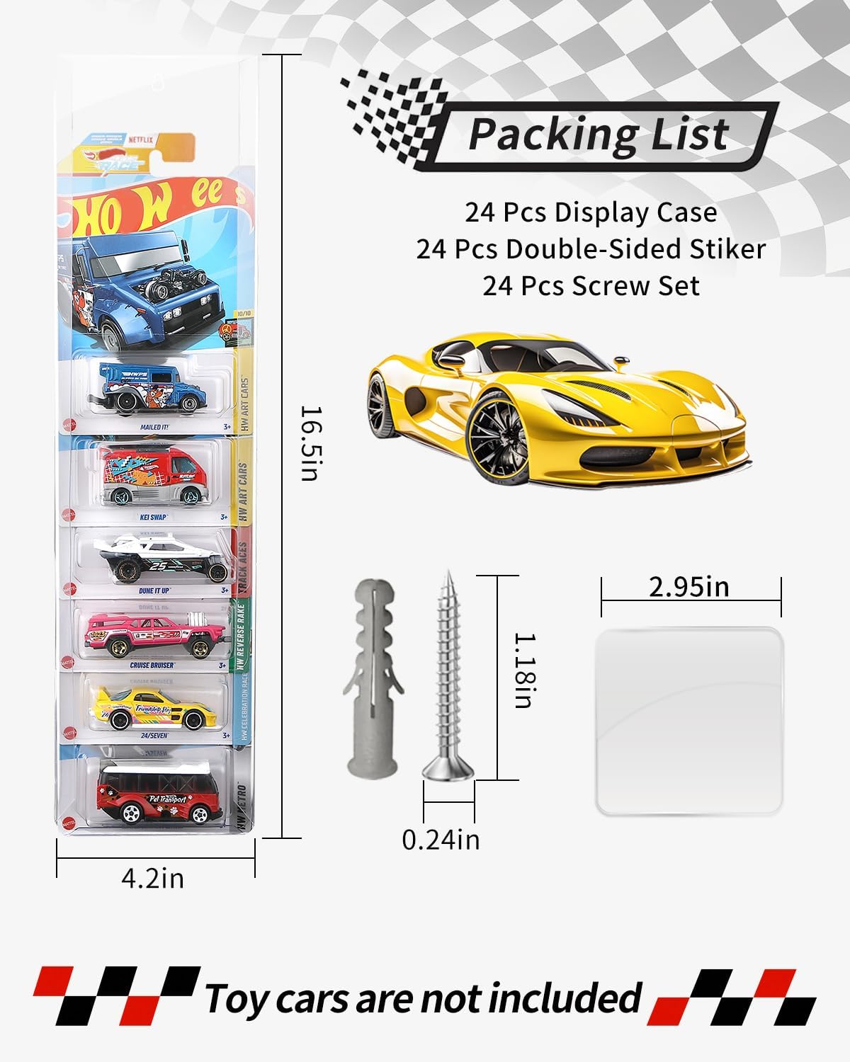 Wall Storage Organizer for Hot Wheels Matchbox, 24-Pack Display Case, Holds 170+ Carded Cars, Clear Protector Sleeves for 1:64 Scale Diecast Models, Wall Mount Storage Rack