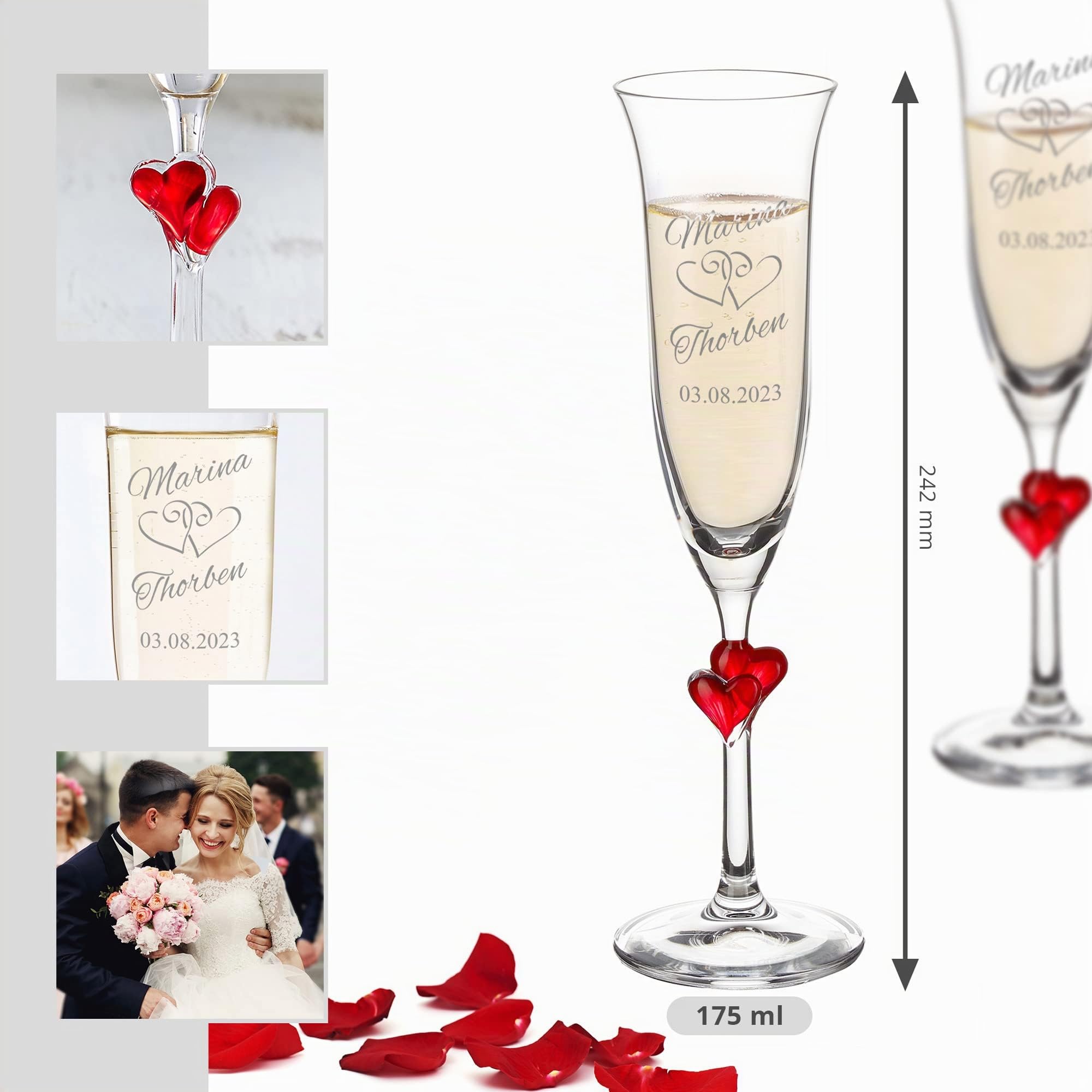 AMAVEL - Set 2 Flûte con Cuori Rossi sullo Stelo e Incisione - Motivo Cuori - Personalizzati con [NOMI] e [DATA] - Calici da Prosecco - Regalo di Nozze - Regalo di Anniversario - San Valentino