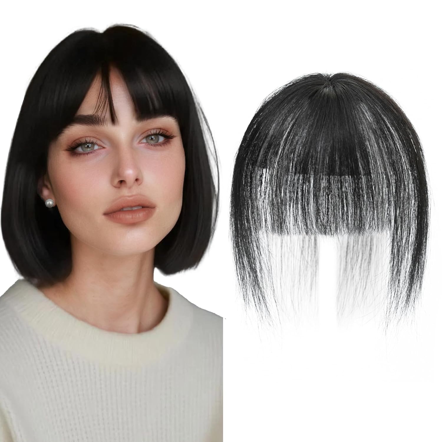 Clip in Bangs, 360° 3D Cover Real Clip in Bangs Human Hairpieces for Women French Bangs for Daily Wear (Brownish Black, 1.96"x2.75")