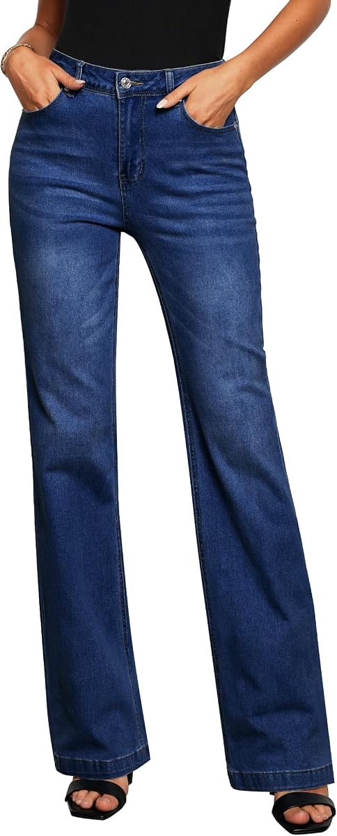 GRAPENT Pantalones vaqueros acampanados para mujer de talle alto, pierna ancha, holgados, elásticos