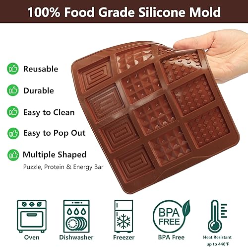 Miniatura 10 de ZTHapwa Moldes de barra de chocolate de silicona con 6 formas, molde cuadrado de silicona profunda para barras energéticas de chocolate, caramelos,