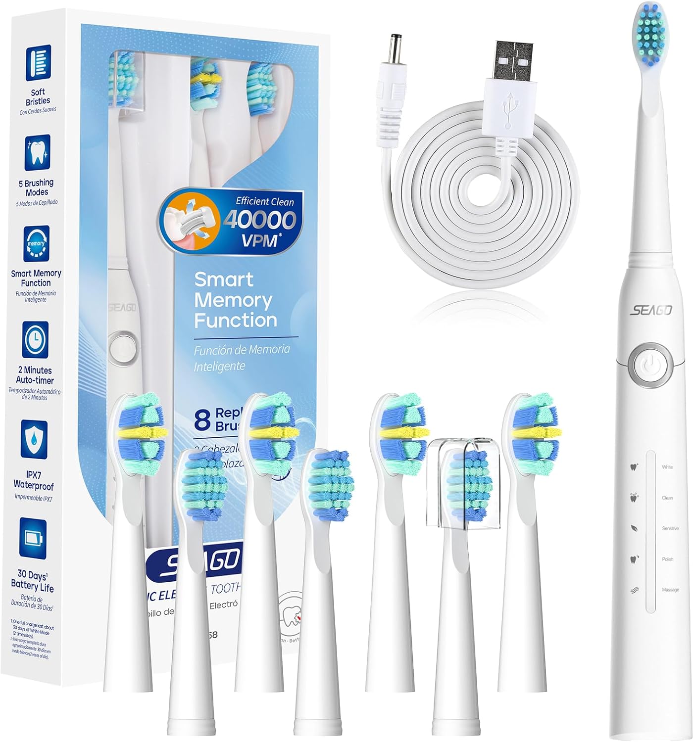 Seago brosse à dent électrique, brosse a dent electrique pour adultes 5 modes de brossage avec 8