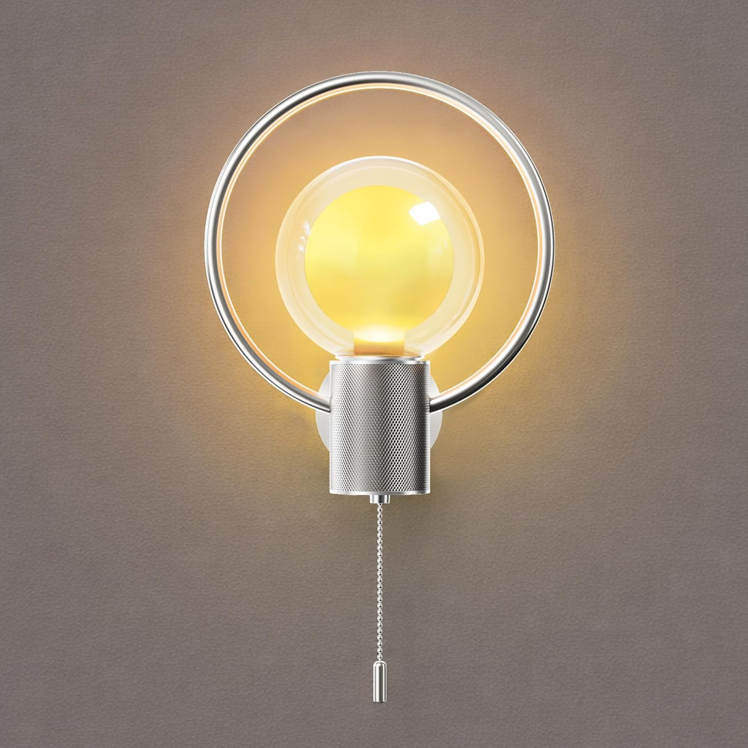 ALAMPEVER Modern Wall Sconce with Pull Chain, Metal Silver Wall Lights with G125 Glass Globe Bulb, Wall Mount Light for Enhancing Indoor Ambience in Bedroom, Living Room, and Hallway, 1 Pack
