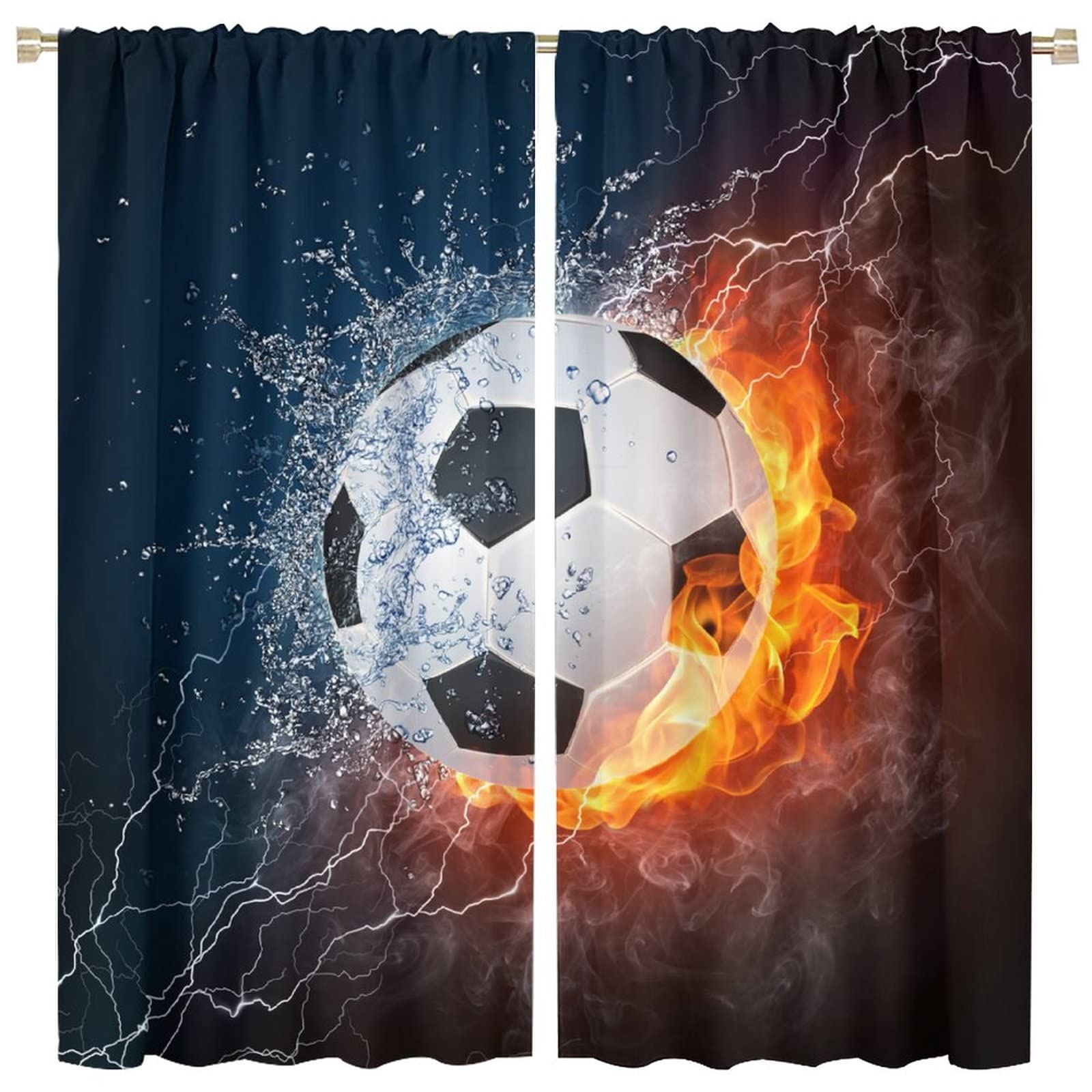 JESTRONRY Boys Football Sport Curtains,Fire Ball Water Flame Splashing Sports Theme Room Darkening Door Window Rod Pocket Curtain for Living Room Kids Teens Bedroom Decor W52xL84in