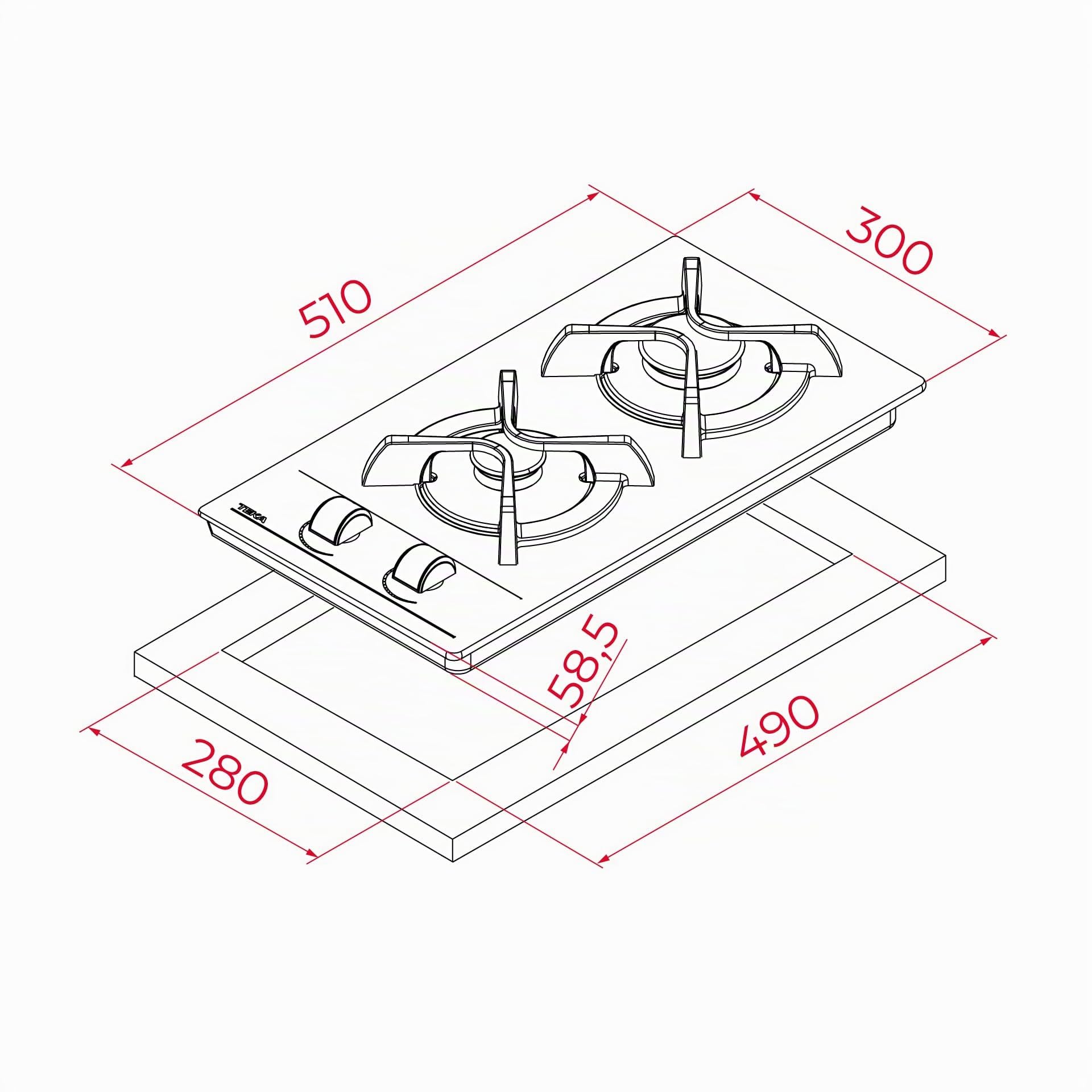 TEKA Placa de Gas Cristal Gas 30 cm, 2 Quemadores, Mandos Frontales Ergonómicos, Seguridad Termopar, Instalación Fast-Click, Modelo GBC 32000 KLB