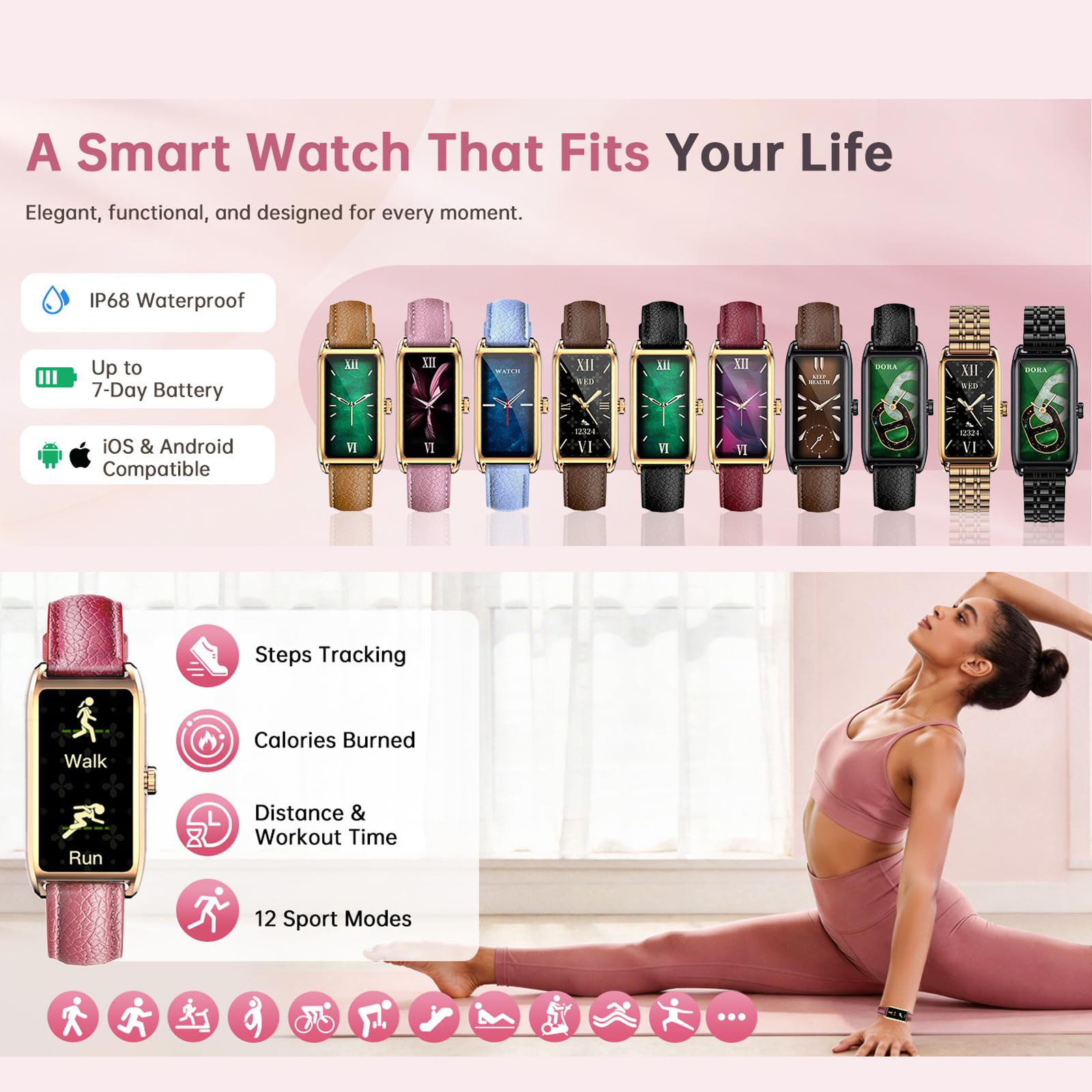 Fitness Tracker Mujer Elegante Smartwatch con Monitor de Sueño Frecuencia Cardíaca Podómetro Contador de Calorías Ciclo Menstrual Relojes de Lujo para Mujeres Cuero Rosa Smartband