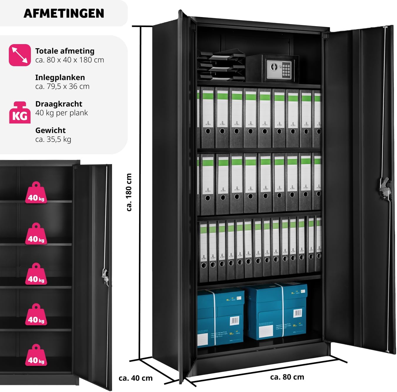 Diagram showing the dimensions of the tectake Steel Office Cabinet: 180 cm height, 80 cm width, 40 cm depth. Also indicates 40 kg load capacity per shelf and total weight of 35.5 kg.