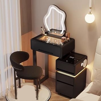 Smart Makeup Vanity Table, Vanity Table with Drawer - Smart Makeup Vanity with Speakers & Charging Station, Vanity Desk, Free Retractable Side Cabinet, Vanity Set,Chair Included