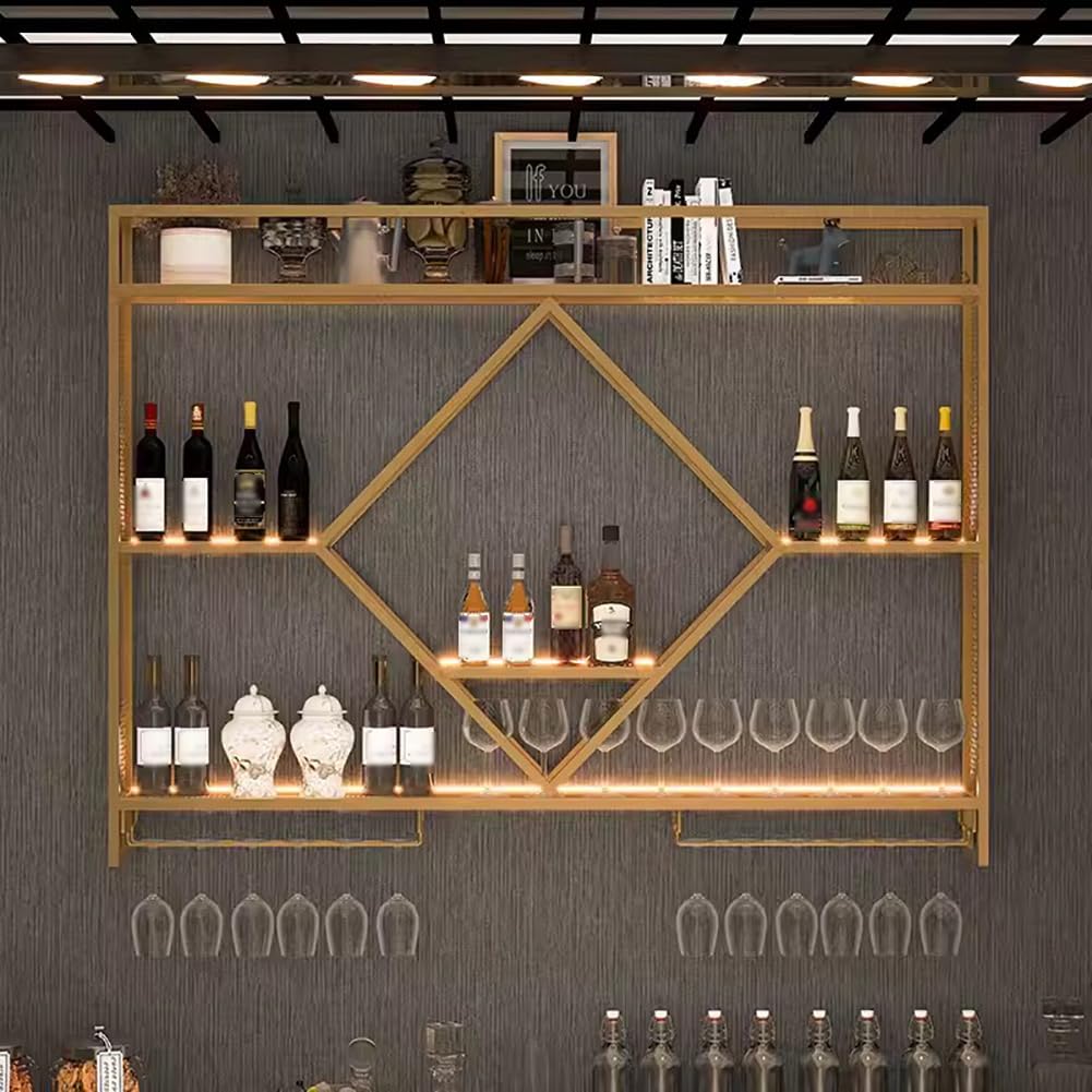 KK-GAL Bar Unit Floating Shelf, Wall-Mounted Wine Display Stand Rack, Wall Hanging Wine Glass Holder with LED Light, Large Capacity Floating Liquor Shelves, Home Mini Bar Storage Rack,A Gold 140cm