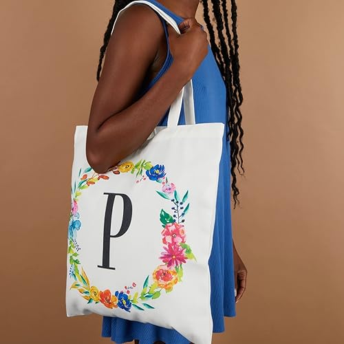 Miniatura 3 de Set of 2 Reusable Monogram Letter Personalized Tote Bags for Women, Floral Design (29 Inches)