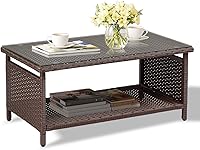 Vista 10 de VINGLI Mesa de centro de mimbre para exteriores con 2 cajones y parte superior de vidrio templado, mesa de centro de patio al aire libre para Con