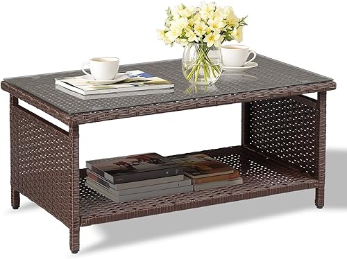 Miniatura 10 de VINGLI Mesa de centro de mimbre para exteriores con 2 cajones y parte superior de vidrio templado, mesa de centro de patio al aire libre para Con