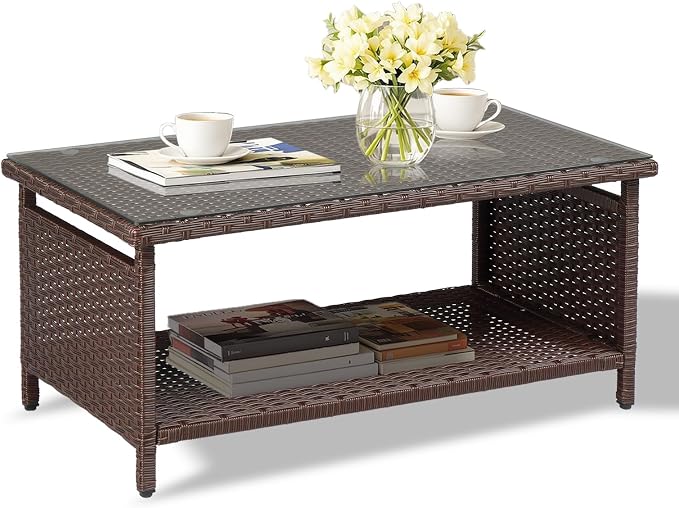 VINGLI Outdoor Wicker Coffee Table with Storage