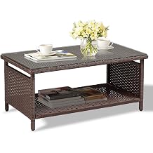 VINGLI Outdoor Wicker CoffeeTable Patio Coffee Tables for Outside, Tempered Glass Top Wicker Table with Storage Coffee Table for Patio Balcony Porch Deck Brown