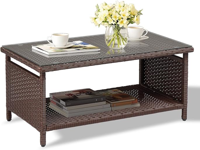 VINGLI Outdoor Wicker CoffeeTable Patio Coffee Tables for Outside, Tempered Glass Top Wicker Table with Storage Coffee Table for Patio Balcony Porch Deck (Brown)
