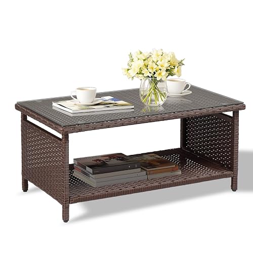 VINGLI Outdoor Wicker CoffeeTable Patio Coffee Tables for Outside, Tempered