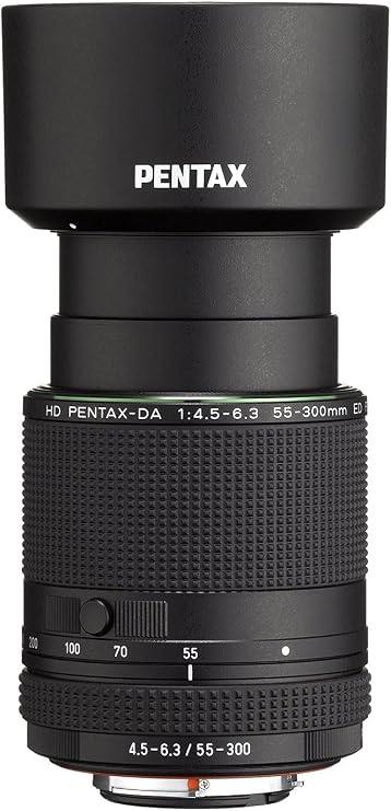 HD PENTAX-DA 55-300mmF4.5-6.3ED PLM WR RE Telephoto zoom lens High-speed and Quiet AF operation Weather-resistant construction Minimum focusing distance of 0.95 meters Compact and light weight