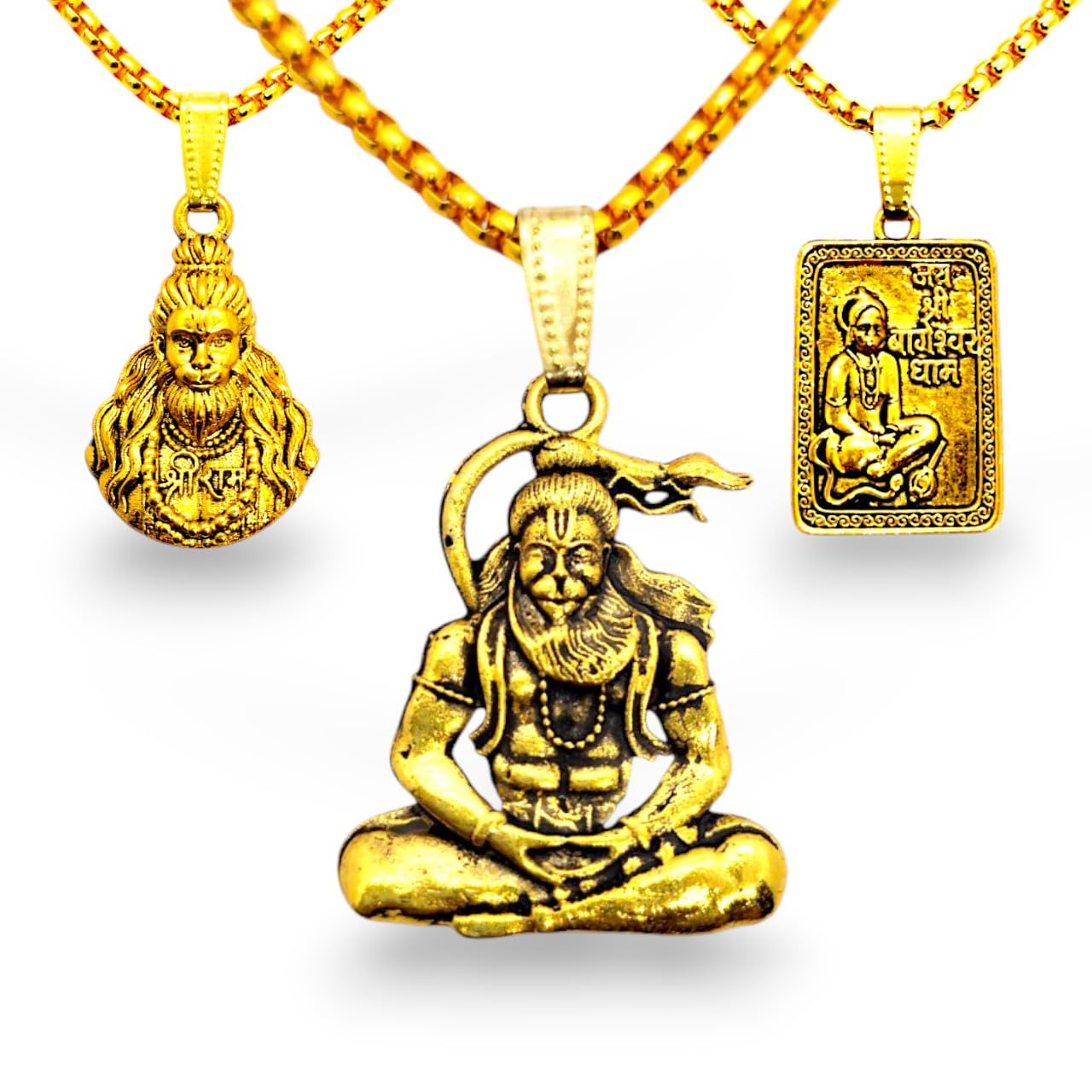 god hanuman locket for men and women gold plated combo set | bageshwar dham sarkar bajrangbali pendant with chain stainless steel for boys and girls gift set of 3, golden (pack of 1)