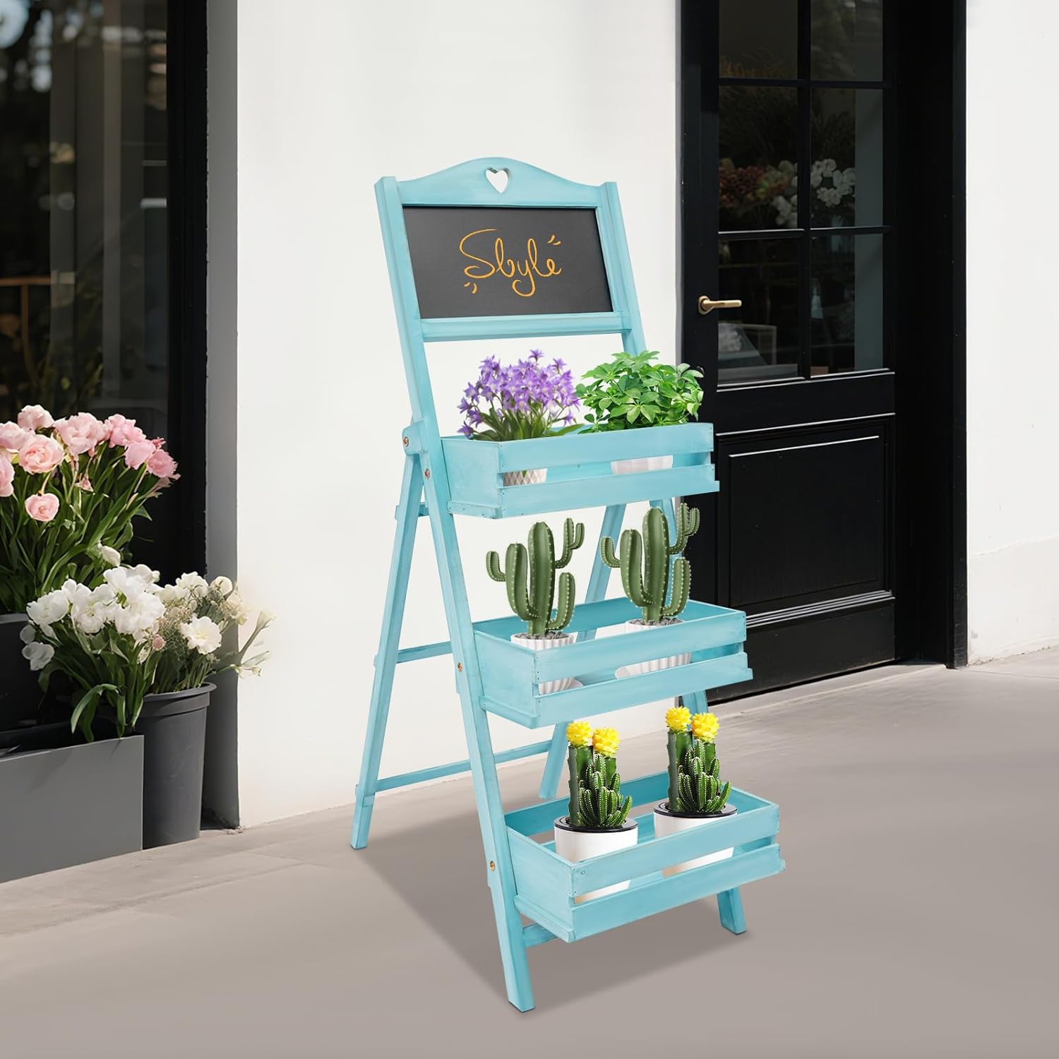 3 Tiers Plant Stand with Chalkboard, Folding Ladder Shelf for Plants Freestanding Wood Plant Rack Blue for Living Room Balcony