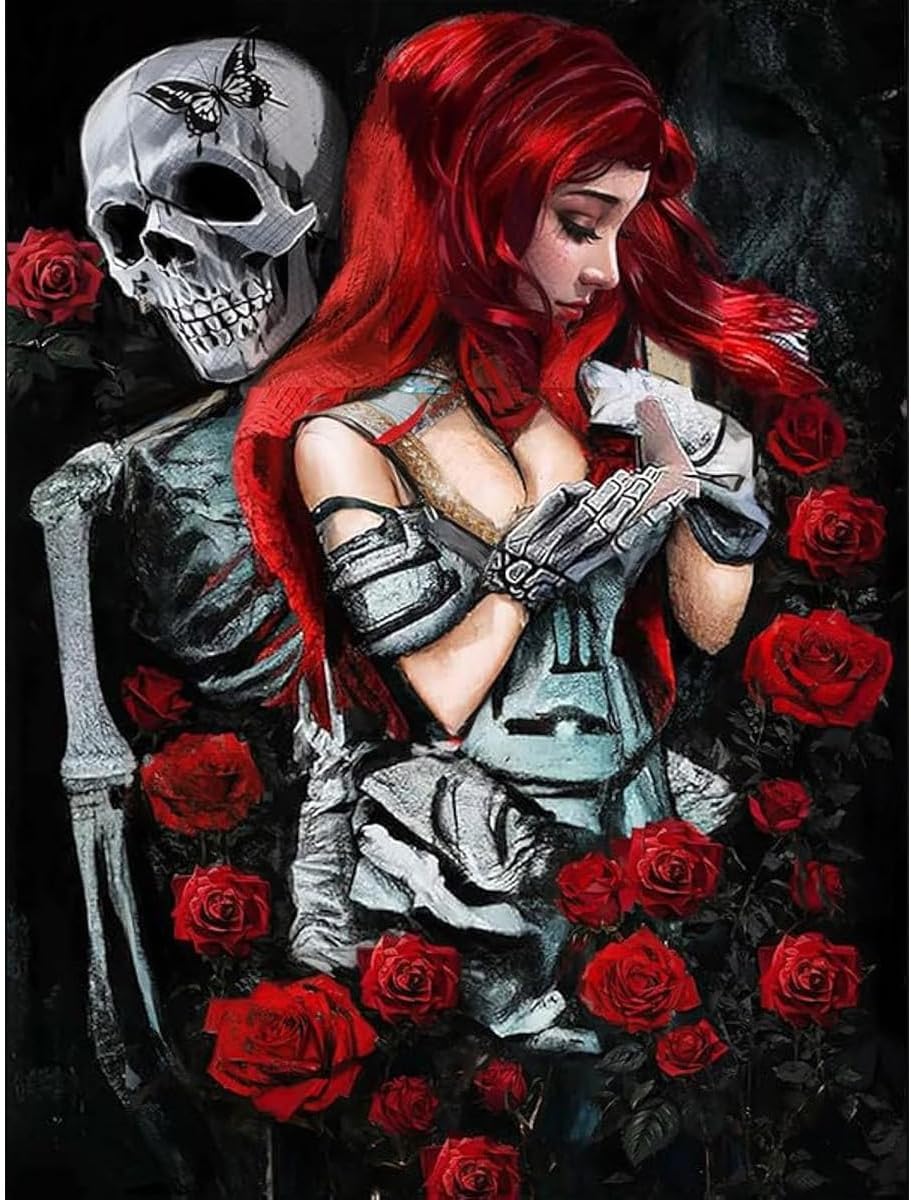 Amz Camel 5D Diamond Painting Kit for Adults, 30x40cm Skull with Flowers and Girl, DIY Crystal Art Home Wall Decor, Unique Gift for Beginners