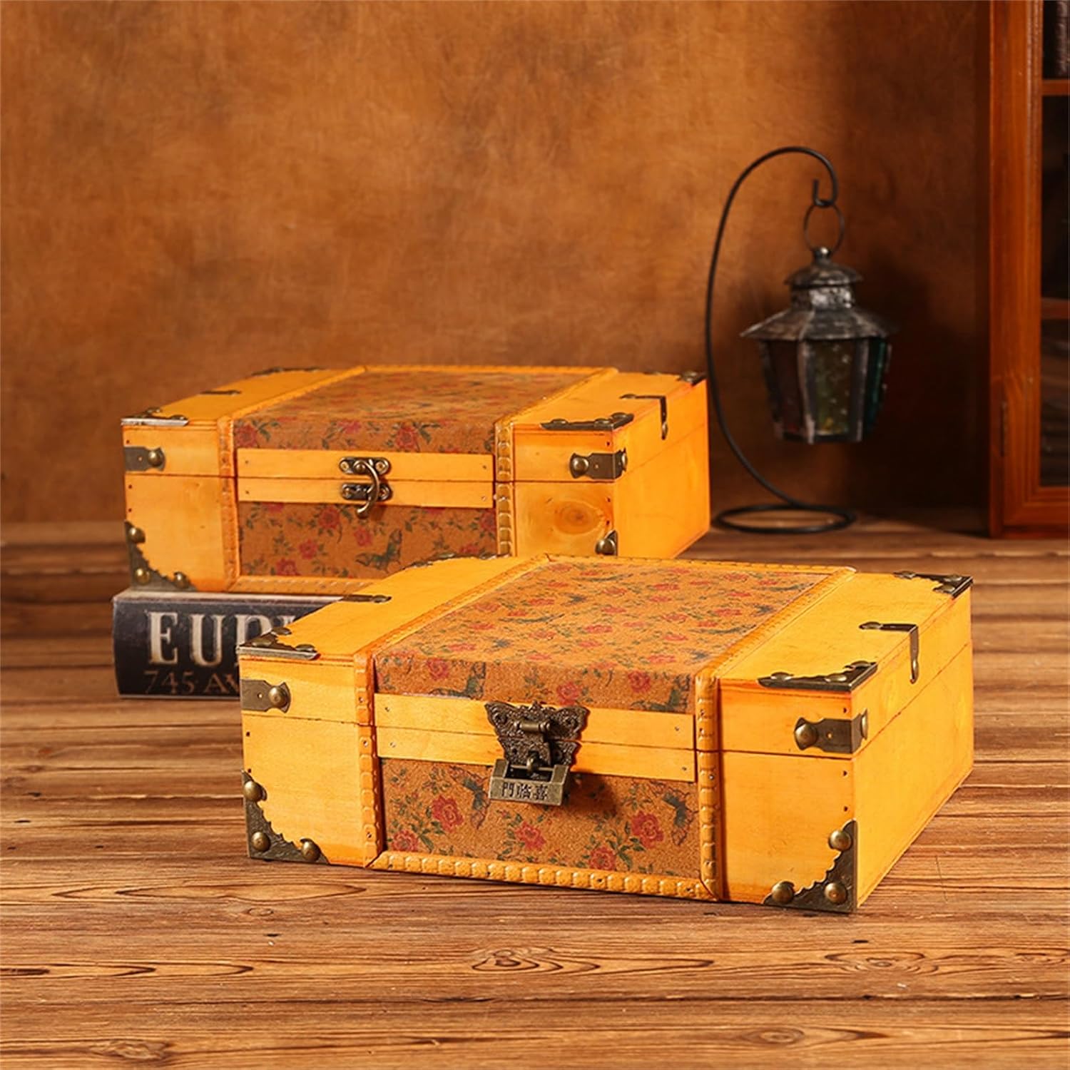 Wood Treasure Chest Antique Old Wooden Jewellery Storage Box Decor Storage Chest(A)