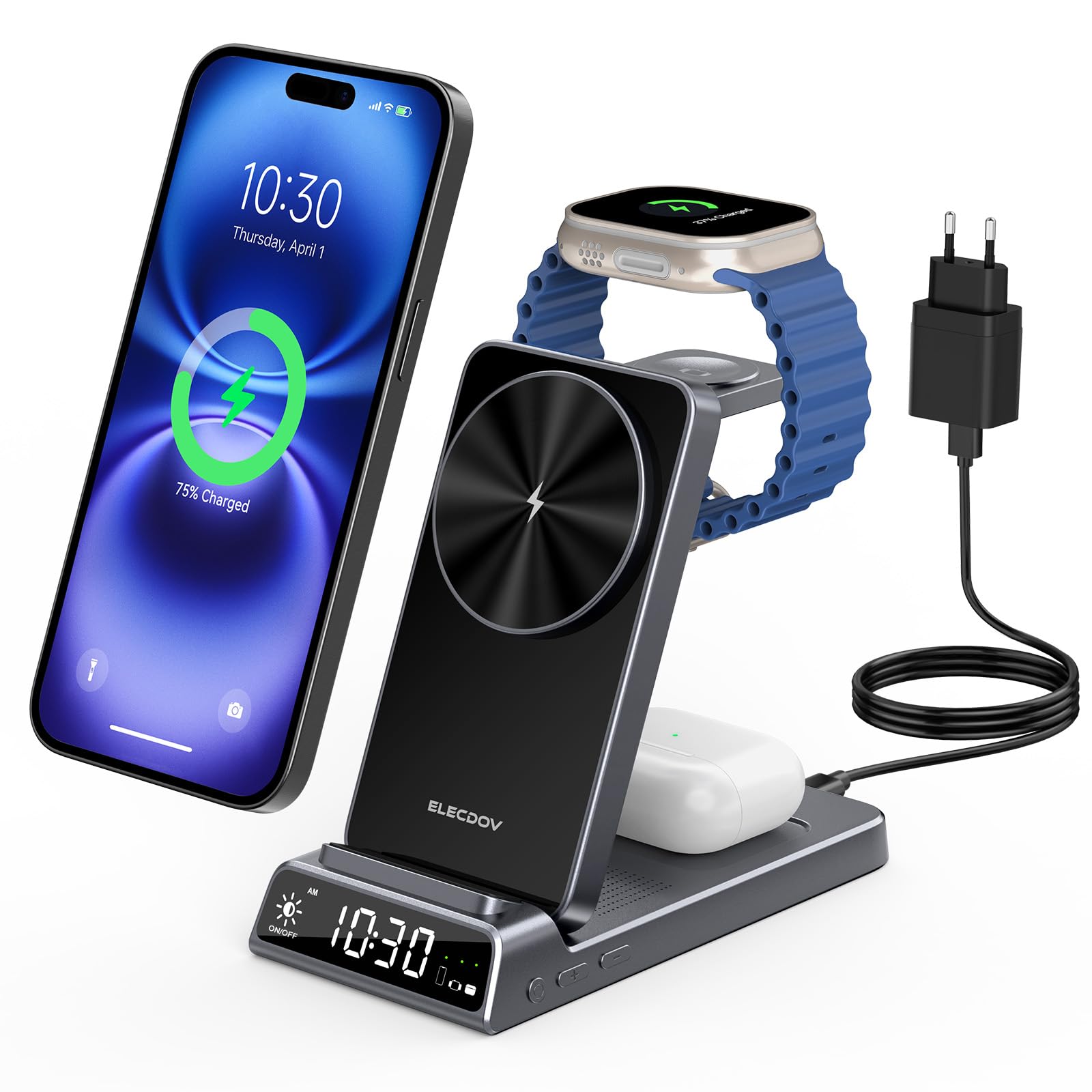 Caricabatterie Wireless per Apple Ricarica Magnetica 3 in 1 Stazione di ricarica con Orologio, Supporto di Ricarica Pieghevole Senza Fili per iPhone 17/16/15, Caricatore per iWatch