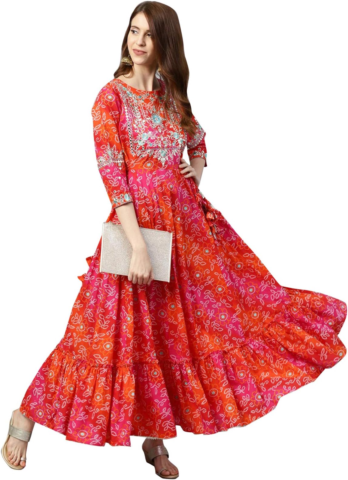 ishin Women's Rayon Red & Orange Bandhani Zari Embellished Anarkali Kurta
