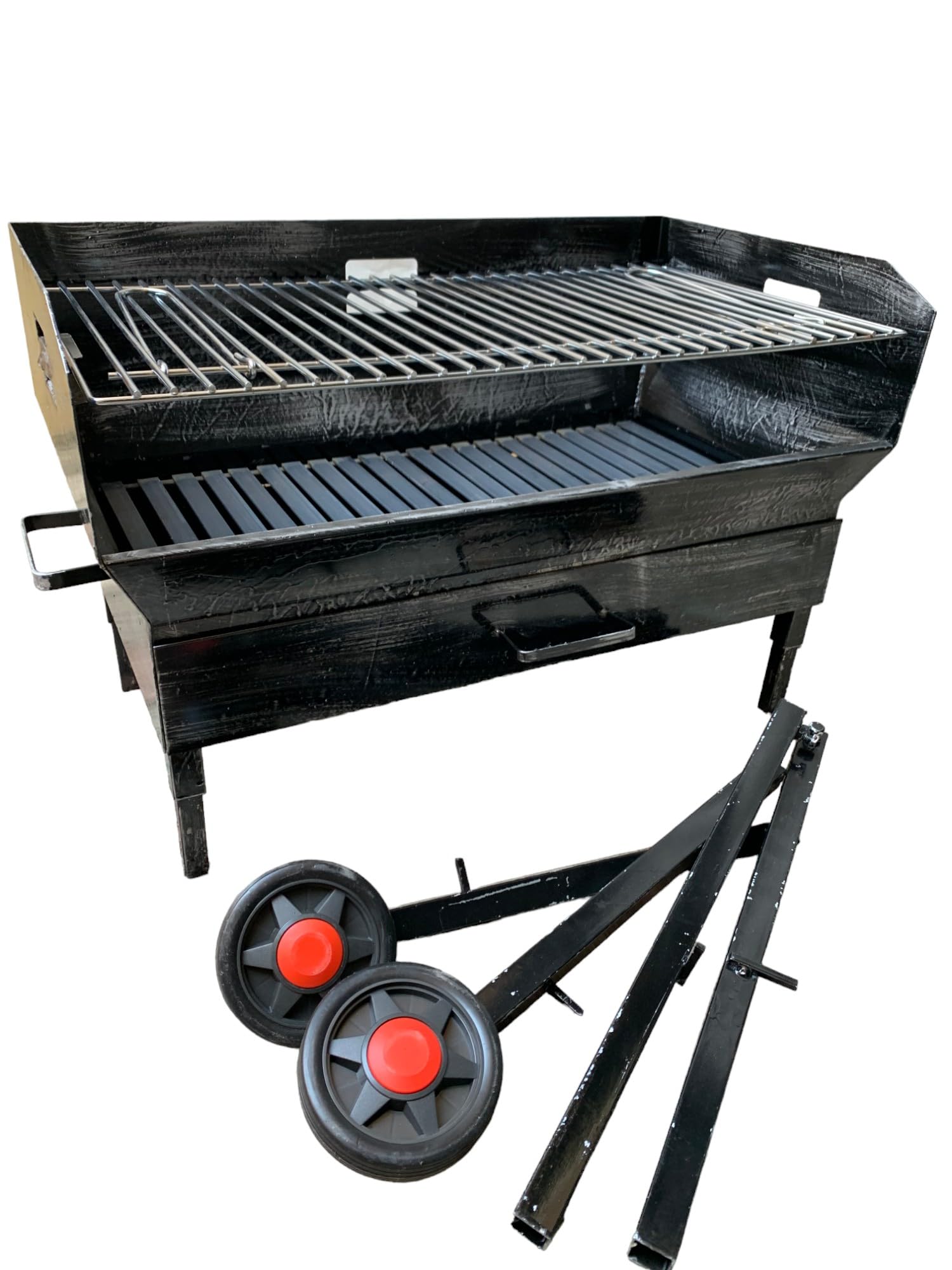 Barbecue a Legna e Carbonella in Ferro, con Ruote, Regolabile su 2 Altezze, Griglia in Acciaio, Ripiano poggia utensili (60x38 cm)