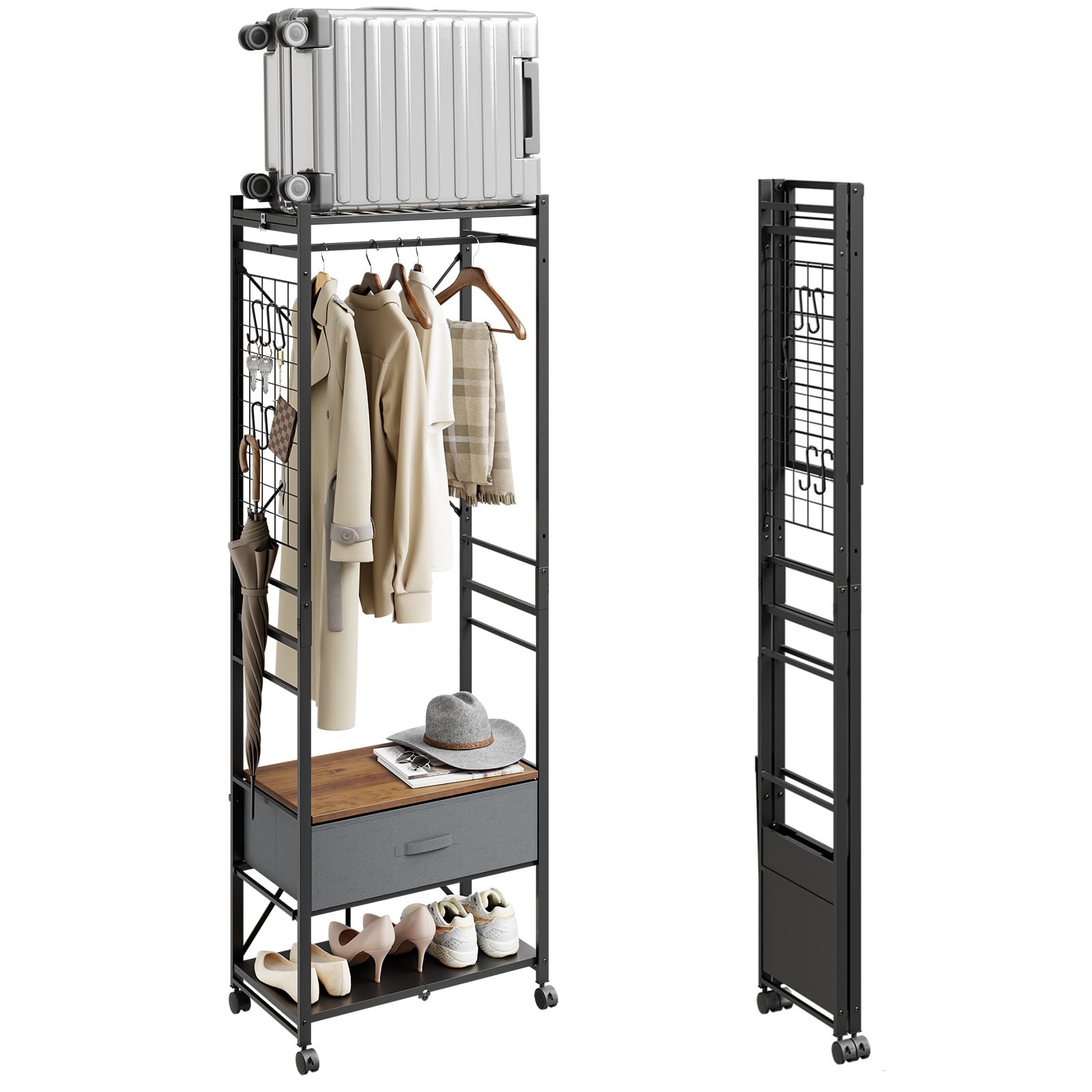 SoBuy Perchero plegable con ruedas & cajón de tela, 60,5x32,5x175 cm | Con portaequipajes & estantes de montaje flexible, para dormitorio pasillo, montaje sin herramientas, Negro, KLS23-SCH
