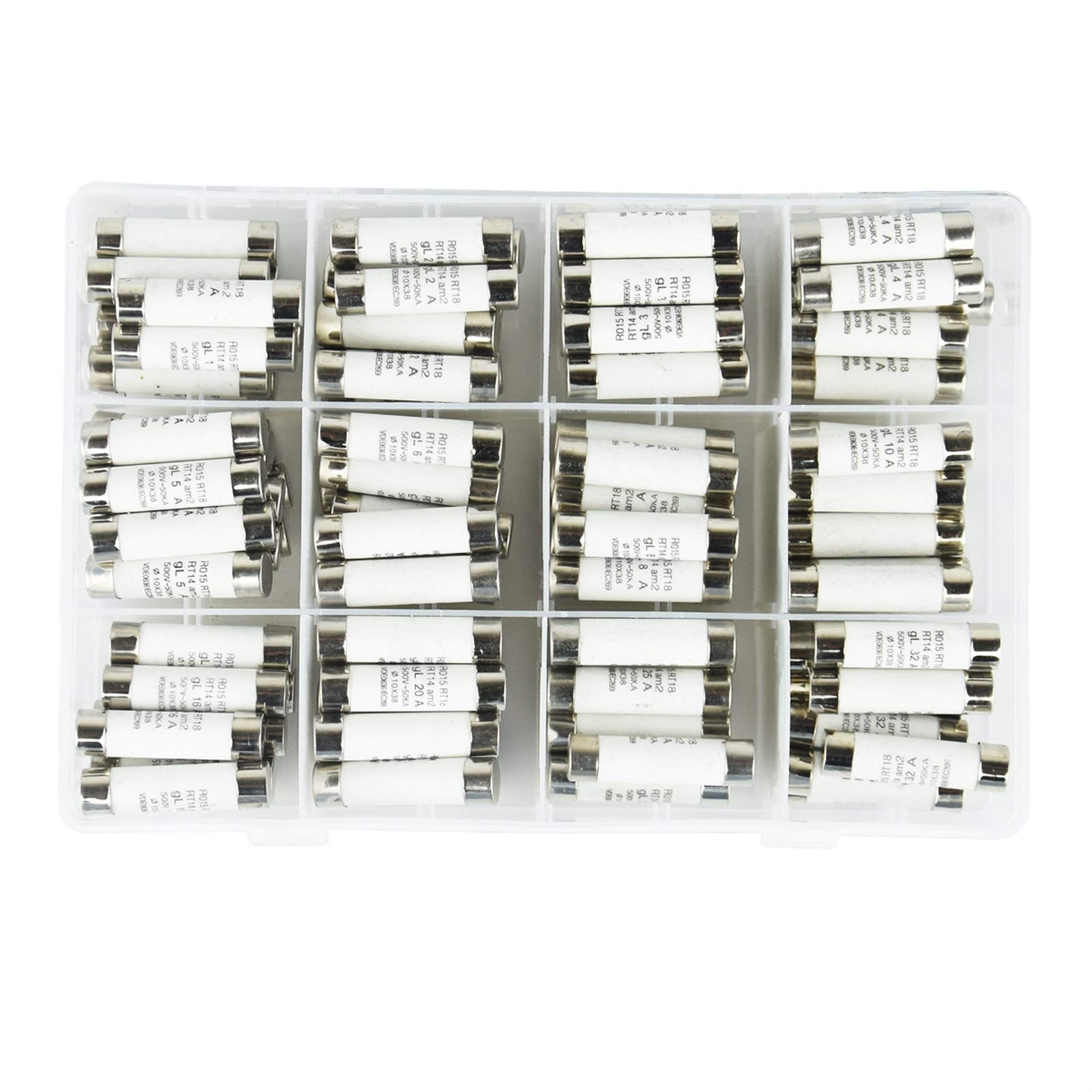 Fusibili a cartuccia in ceramica, kit assortito di fusibili in da 120 pezzi 12 valori, 10x38mm 500V 1A 2A 3A 4A 5A 6A 8A 10A 16A 20A 25A 32A a tubo con scatola plastica