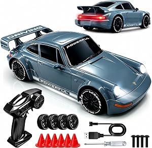 1:20 RC Drift Car, 2.4GHz 4WD 360° Fixed Point Drift for Kids | 50 min playtime with 2 batteries, 2 tire sets (drift & off-road), 3 LED lights, great gift for kids 6-12 Gray-Blue