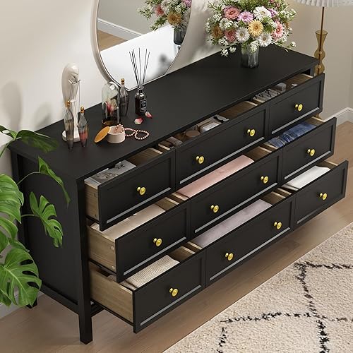 Miniatura 5 de CARPETNAL Cómoda negra de 9 cajones para dormitorio con cajones profundos, cómodas grandes y cómoda con manijas doradas, cómodas largas modernas